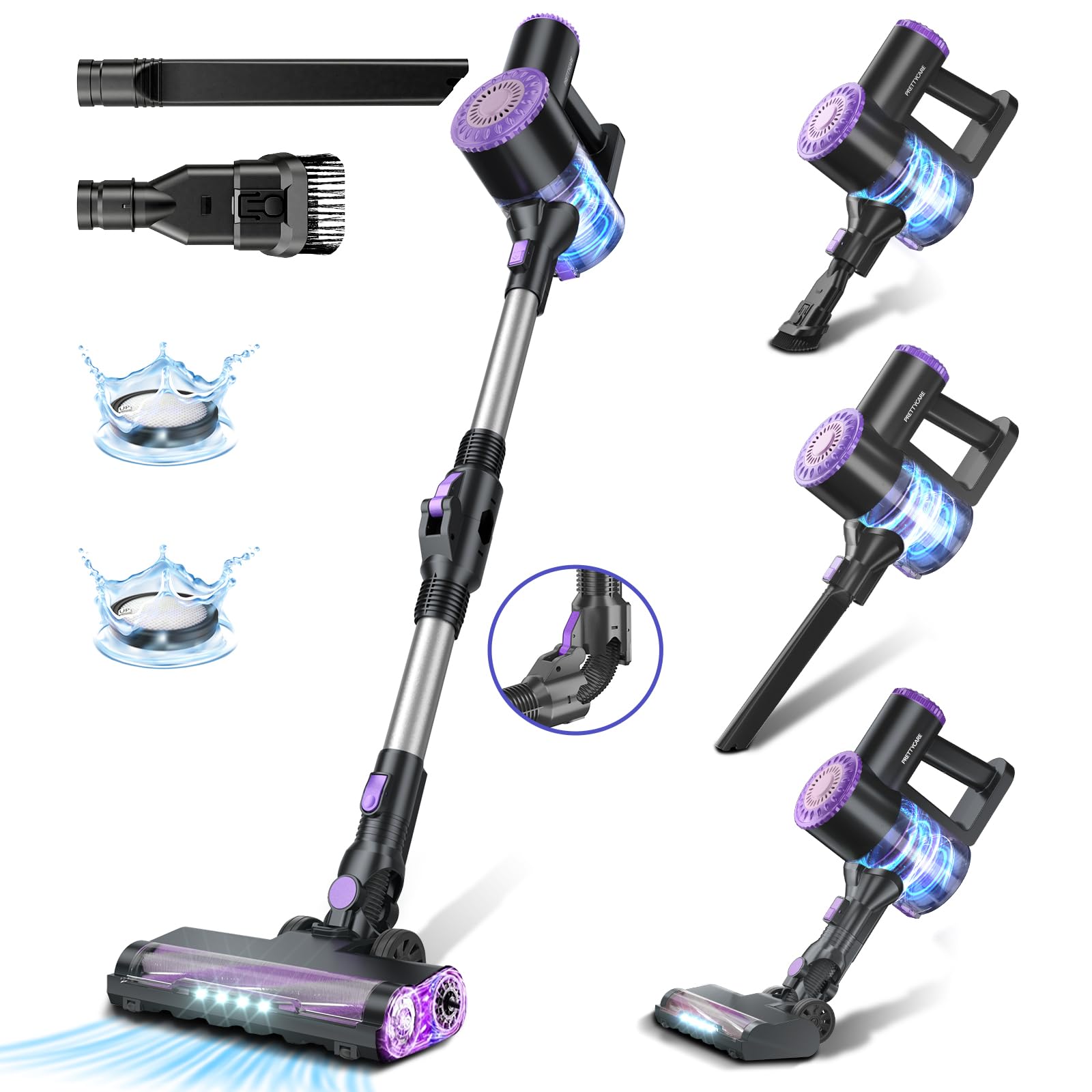 Powerful 6-in-1 Cordless Stick Vacuum Cleaner with 180° Bendable Wand - Lightweight, Self-Standing & Rechargeable for Hardwood Floors - Ideal for Pet Hair, Carpet & Quick Home Cleaning (Purple)