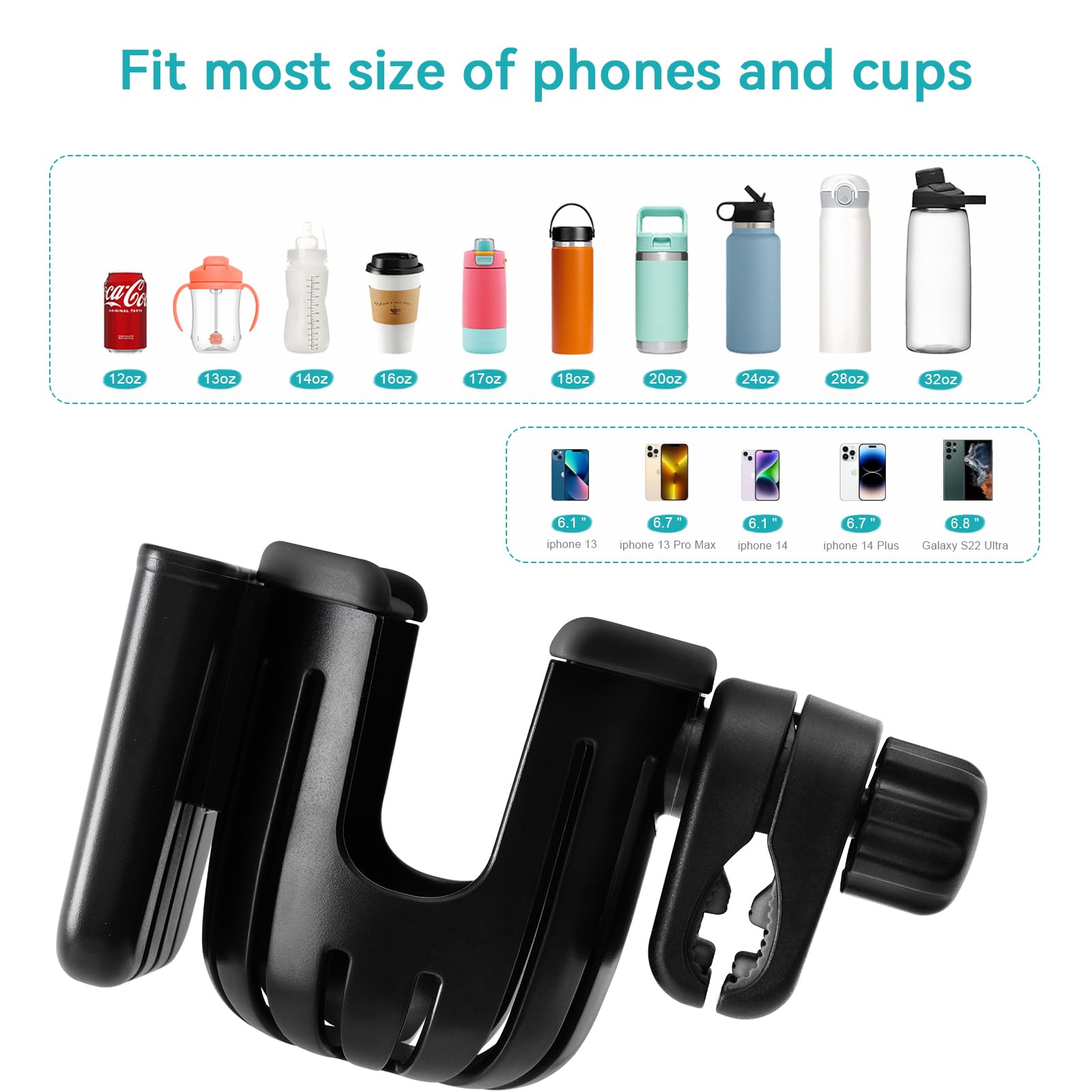 Universal 2-in-1 Stroller & Bike Cup Holder with Phone Pocket - Adjustable Drink Holder for Wheelchairs, Walkers, Scooters - Perfect Gift for Men, Women & Kids (Black) - Ideal for Outdoor Activities, Travel & Daily Commute