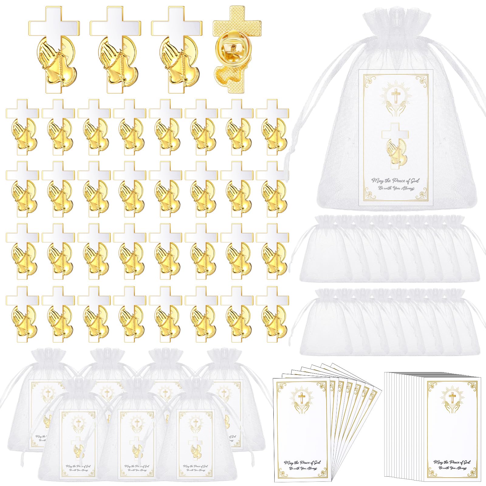 50 Sets Gold Christian Praying Hands Cross Lapel Pins - Bulk Religious Hat Pins for Men & Women - Perfect for Funerals, Baptisms, Chaplain Services & Church Events