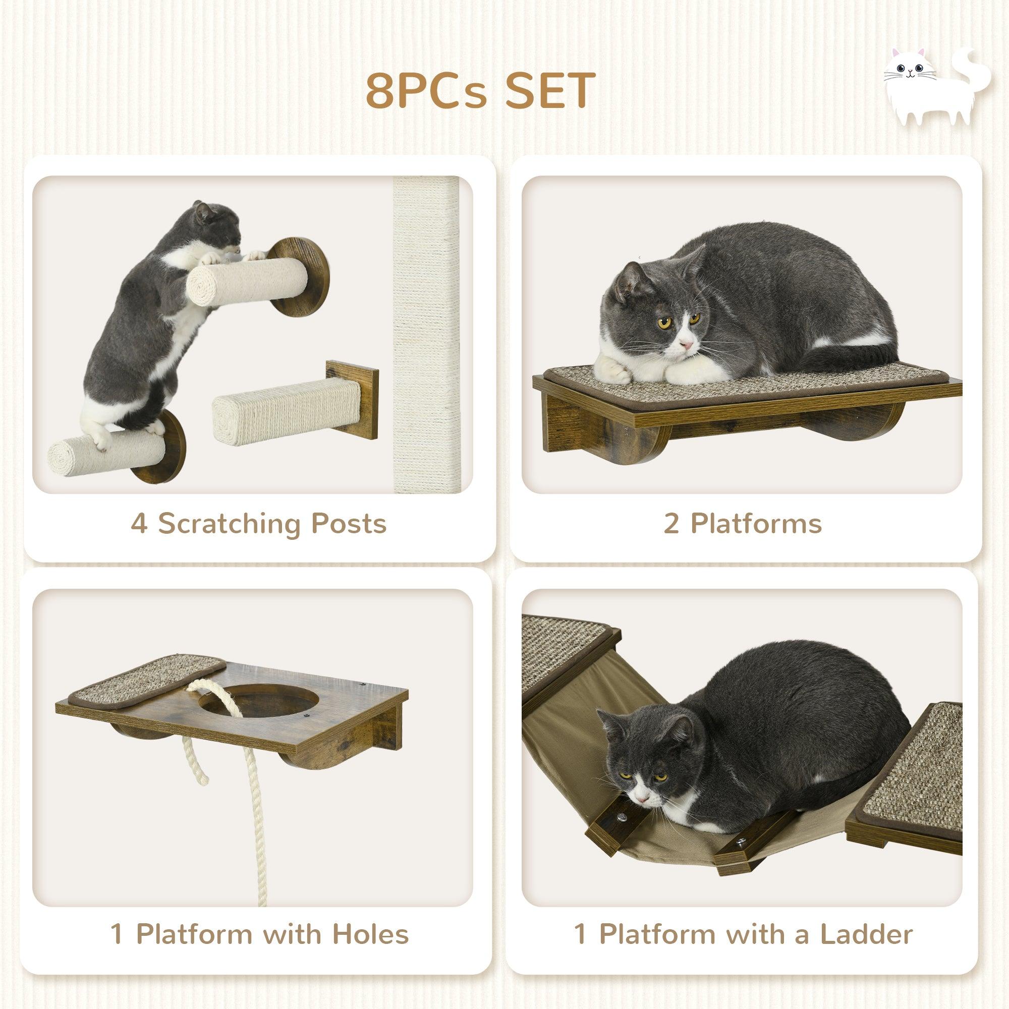 Premium Cat Wall Shelves Set - 8-Piece Wall Mounted Cat Furniture with Perches, Scratching Posts, Ladder & Feeder Bowls for Climbing, Sleeping & Play - Brown Wooden Cat Shelving System for Indoor Cats - Perfect for Small Spaces & Cat Enrichment Activities
