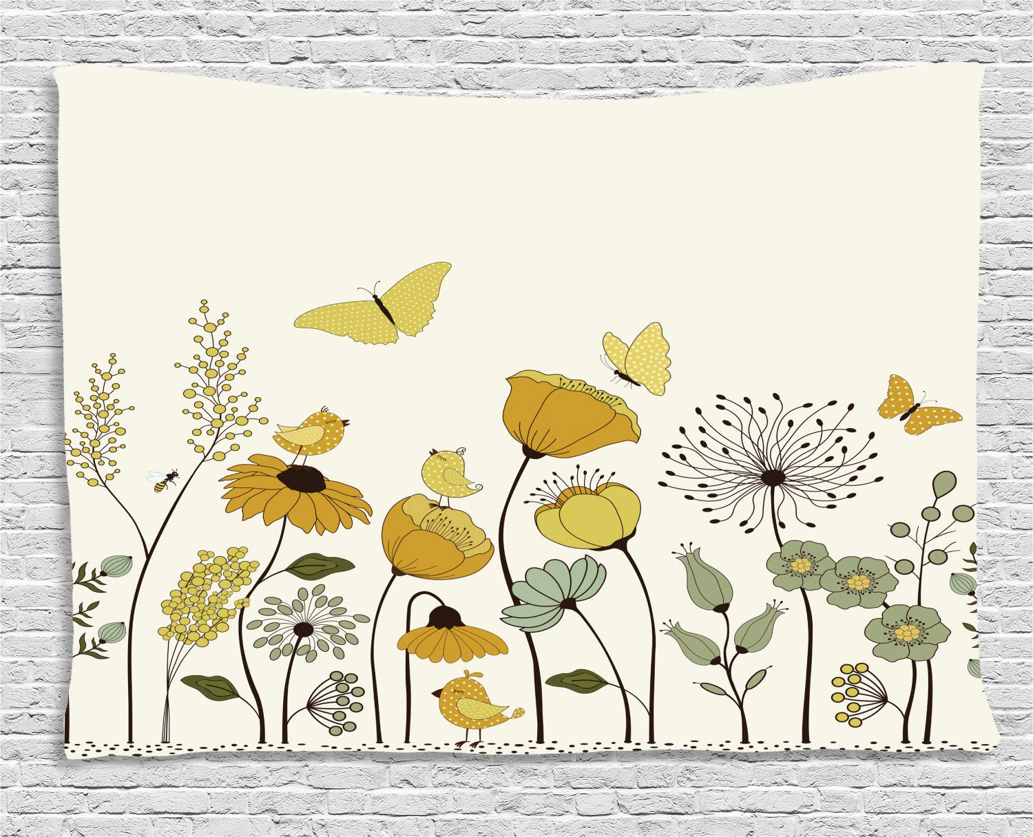 Ambesonne Spring Floral Tapestry - Polka Dot Winged Butterflies & Poppy Flowers Wall Hanging Decor for Bedroom, Living Room, Dorm - 80