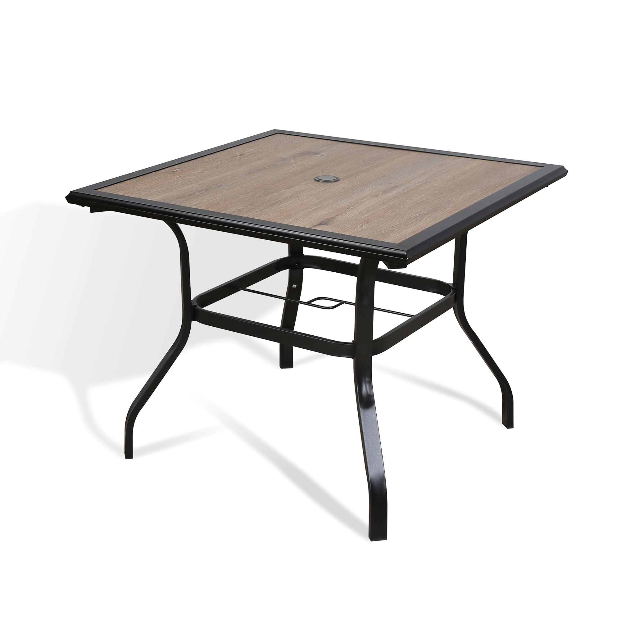 Iwicker Patio Steel Frame Dining Table - Outdoor Square Wood-Like Table with Umbrella Hole - Perfect for Backyard, Garden, and Poolside Gatherings
