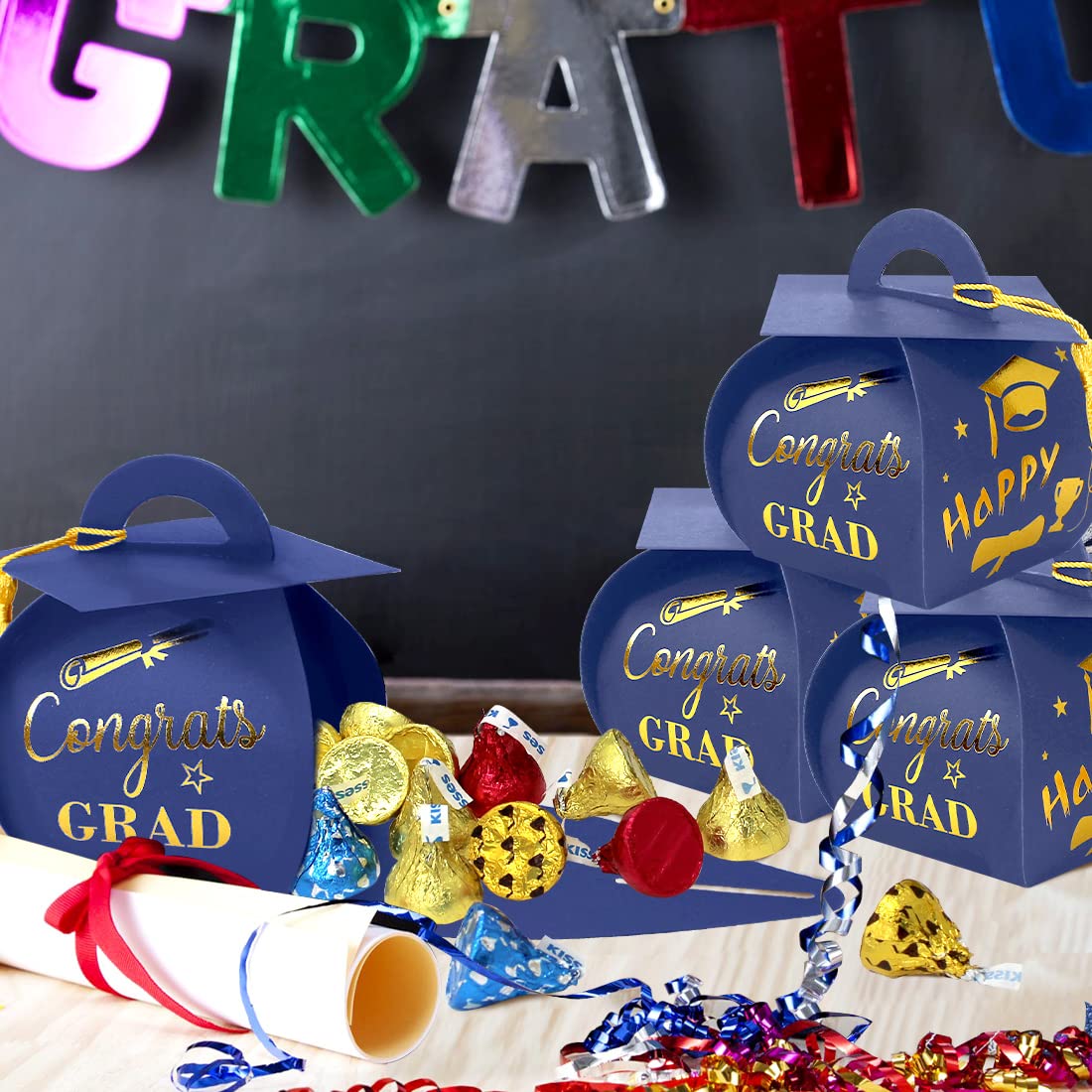 2025 Graduation Candy Boxes with Tassel - 30pcs Blue & Gold Grad Party Favors for Congrats