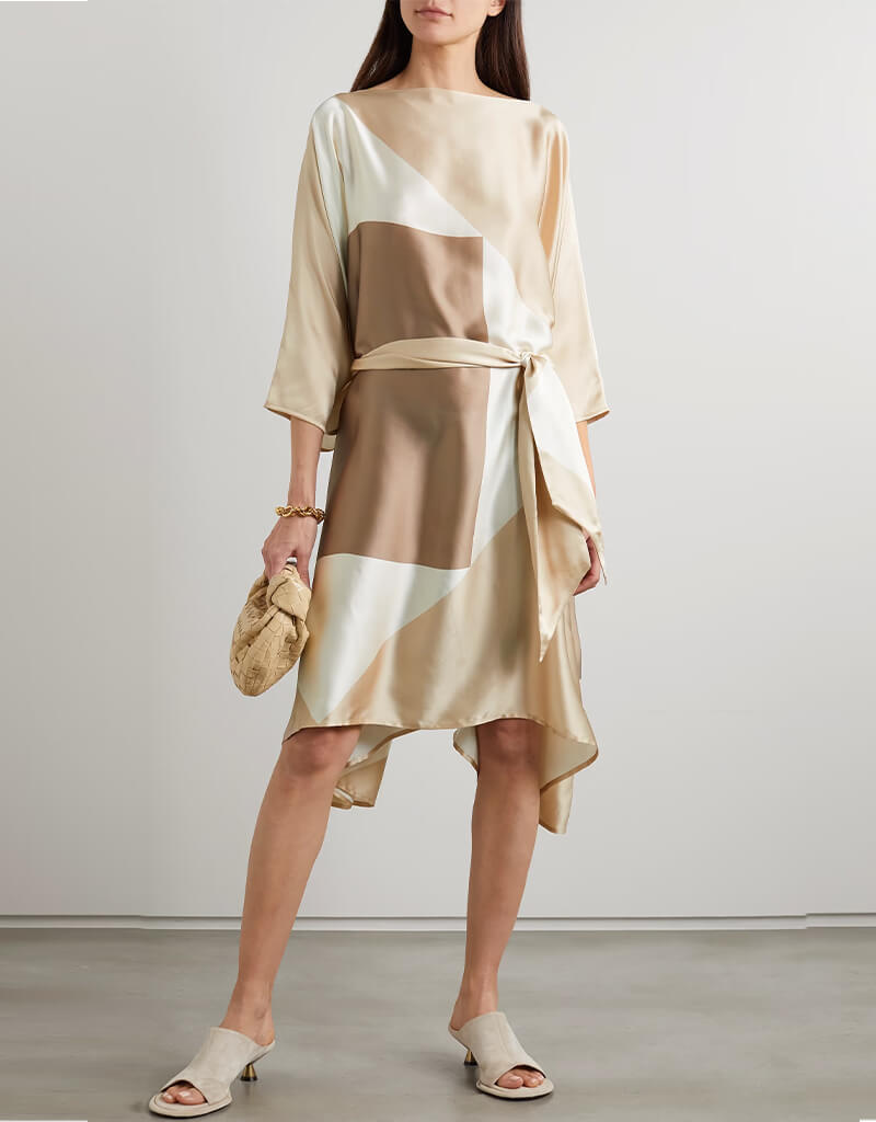 Luxury Beige & White Soft Satin Silk Kaftan Dress for Women - Elegant Loungewear & Beach Cover Up - Perfect for Vacation, Bridal Party, and Spa Days