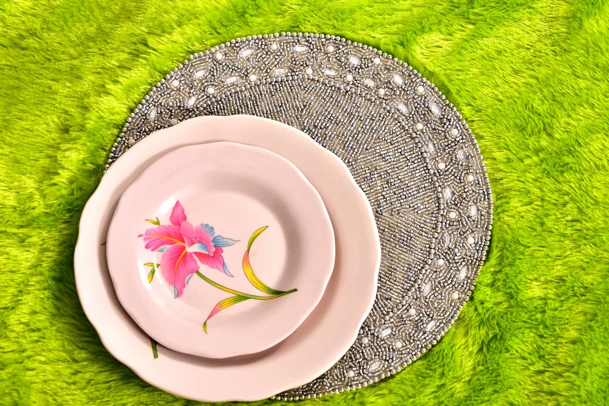 HM Creations Treasures Silver Beaded Placemats - Luxury 13x13 Inch Table Mats, Designer Charger Plates for Spring Dining Decor, Wedding & Holiday Table Settings (Set of 6)