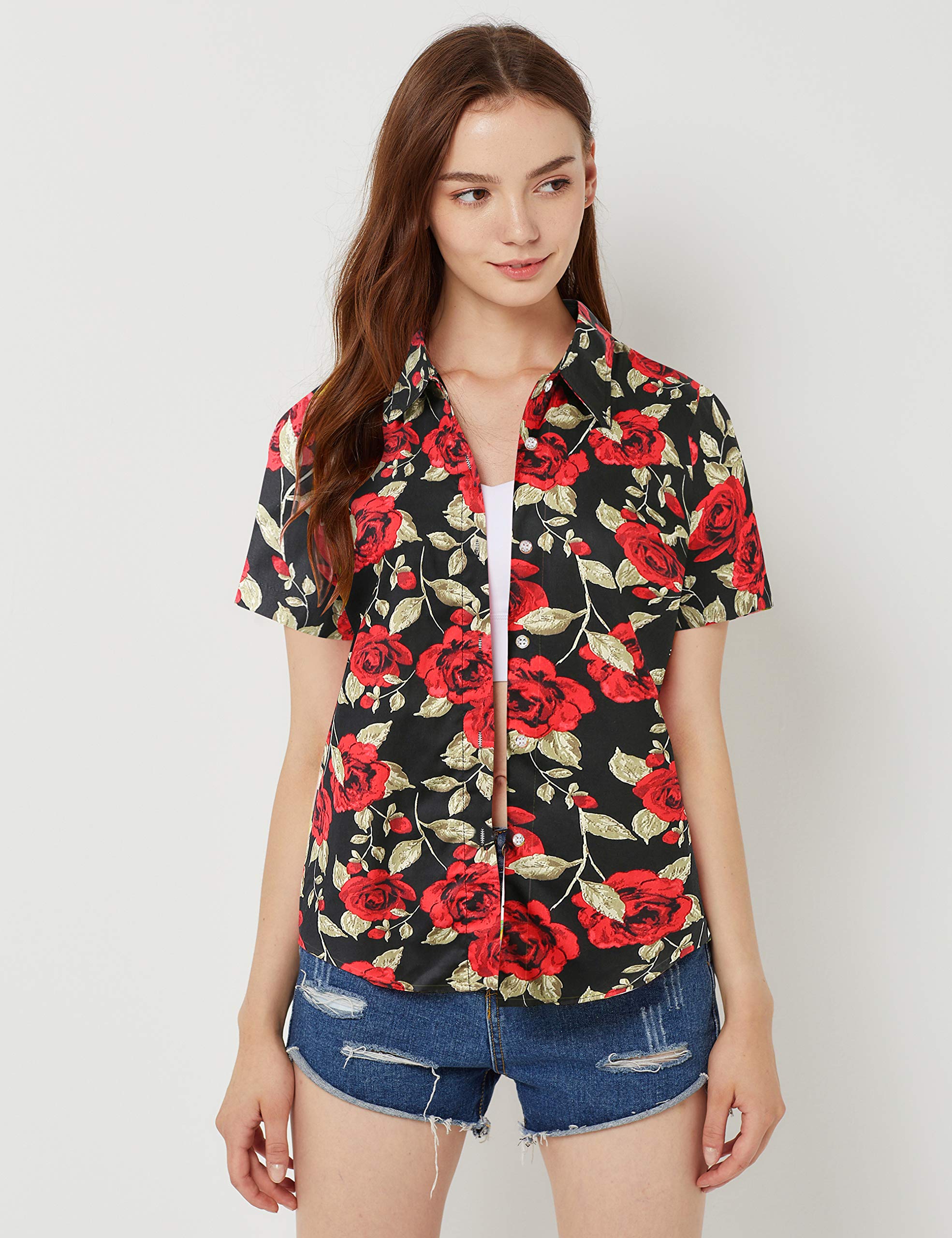 SSLR Women's Hawaiian Shirts - Short Sleeve Casual Button Down Blouses for Women | Beach Vacation, Summer Party & Tropical Outfit