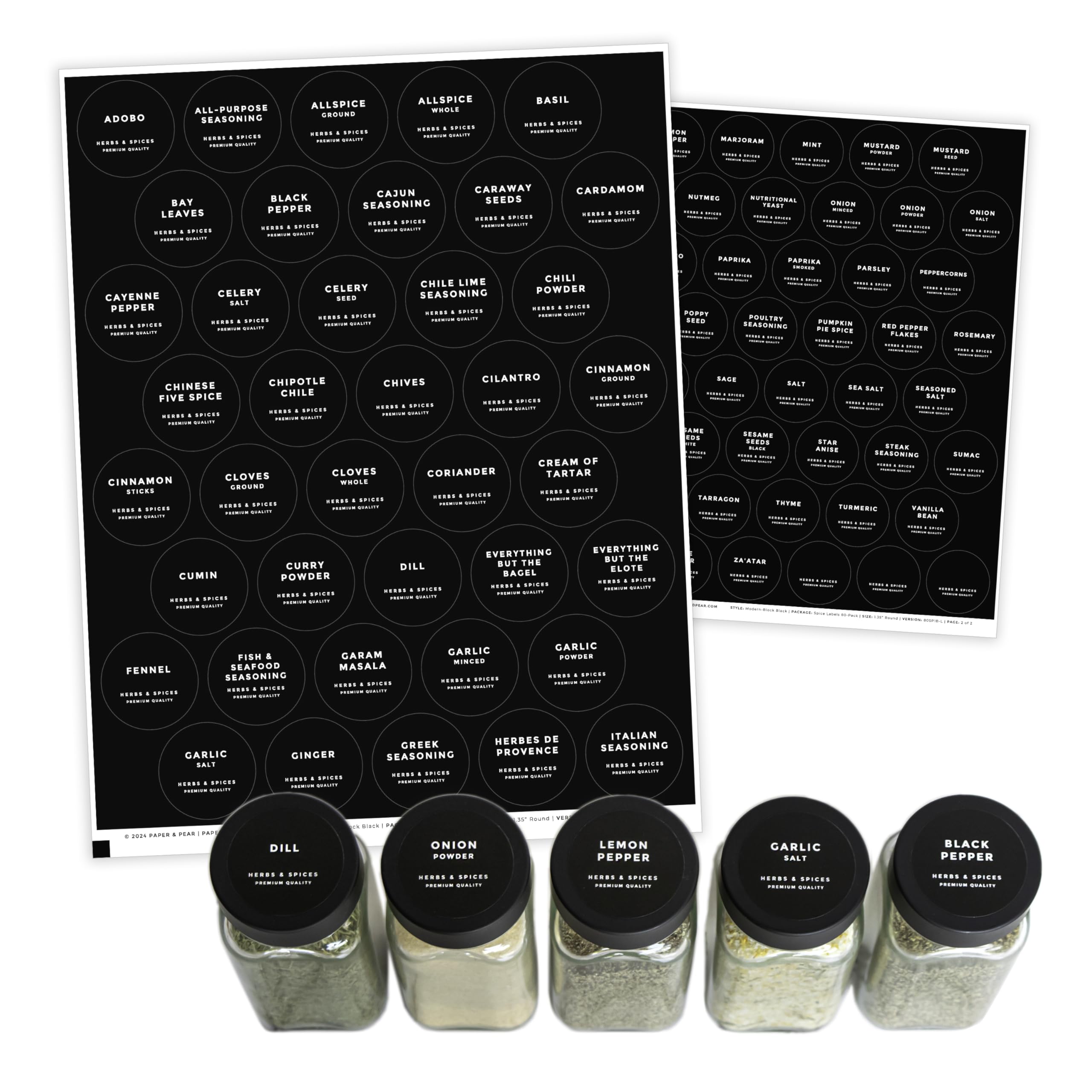 Waterproof Preprinted Round Black Spice Labels - Oil Resistant Pantry Stickers for Kitchen Organization (1.35 Inches, Set of 80) - Perfect for Home Improvement, Spice Jars, and Pantry Storage