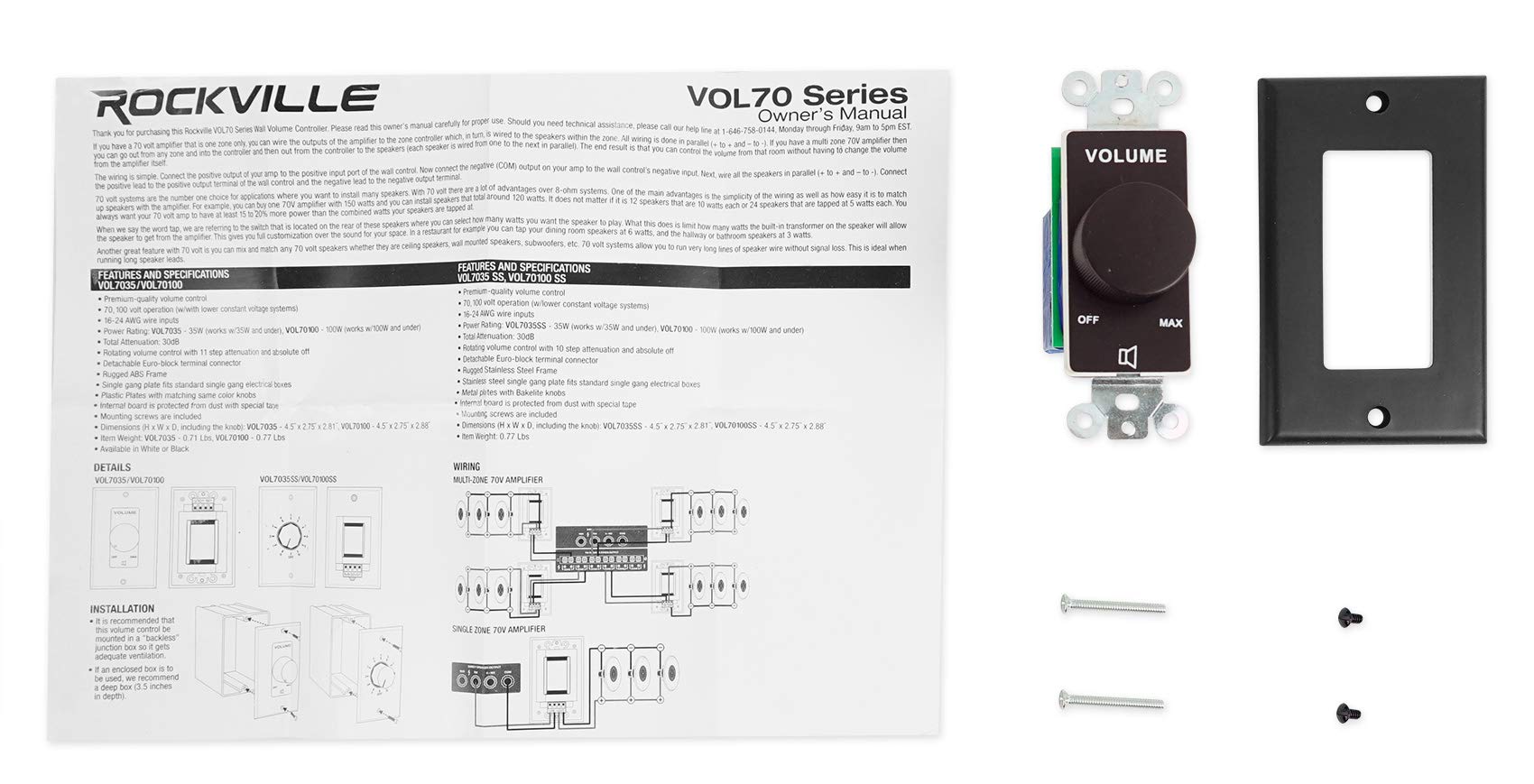 Rockville VOL70100 100 Watt 70V Black Wall Volume Control Zone Controller Box - Perfect for Multi-Zone Audio Systems in Homes, Offices, and Commercial Spaces