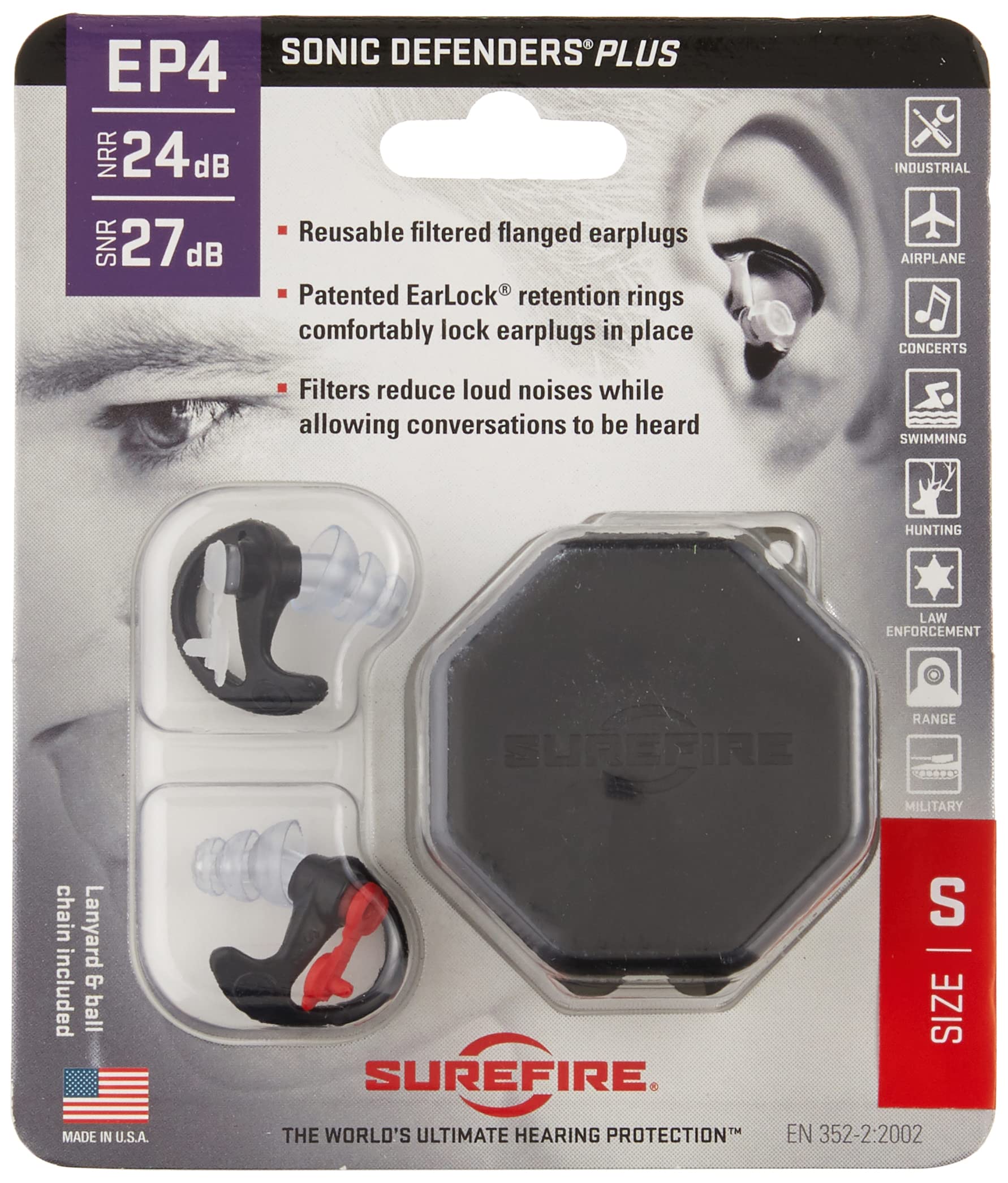 SureFire EP4 Sonic Defenders Plus Filtered Earplugs - Triple Flanged Reusable Hearing Protection (Black, Small) for Shooting, Construction & Loud Events