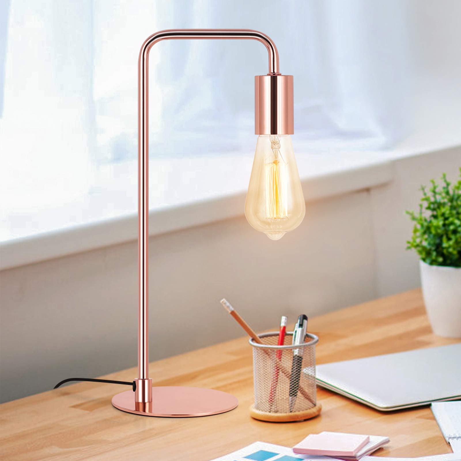 HAITRAL Modern Industrial Table Lamp - Rose Gold Edison Metal Desk Lamp for Bedroom, Office, Dorm, Girls Room | Nightstand Lighting for Reading, Working & Home Decor
