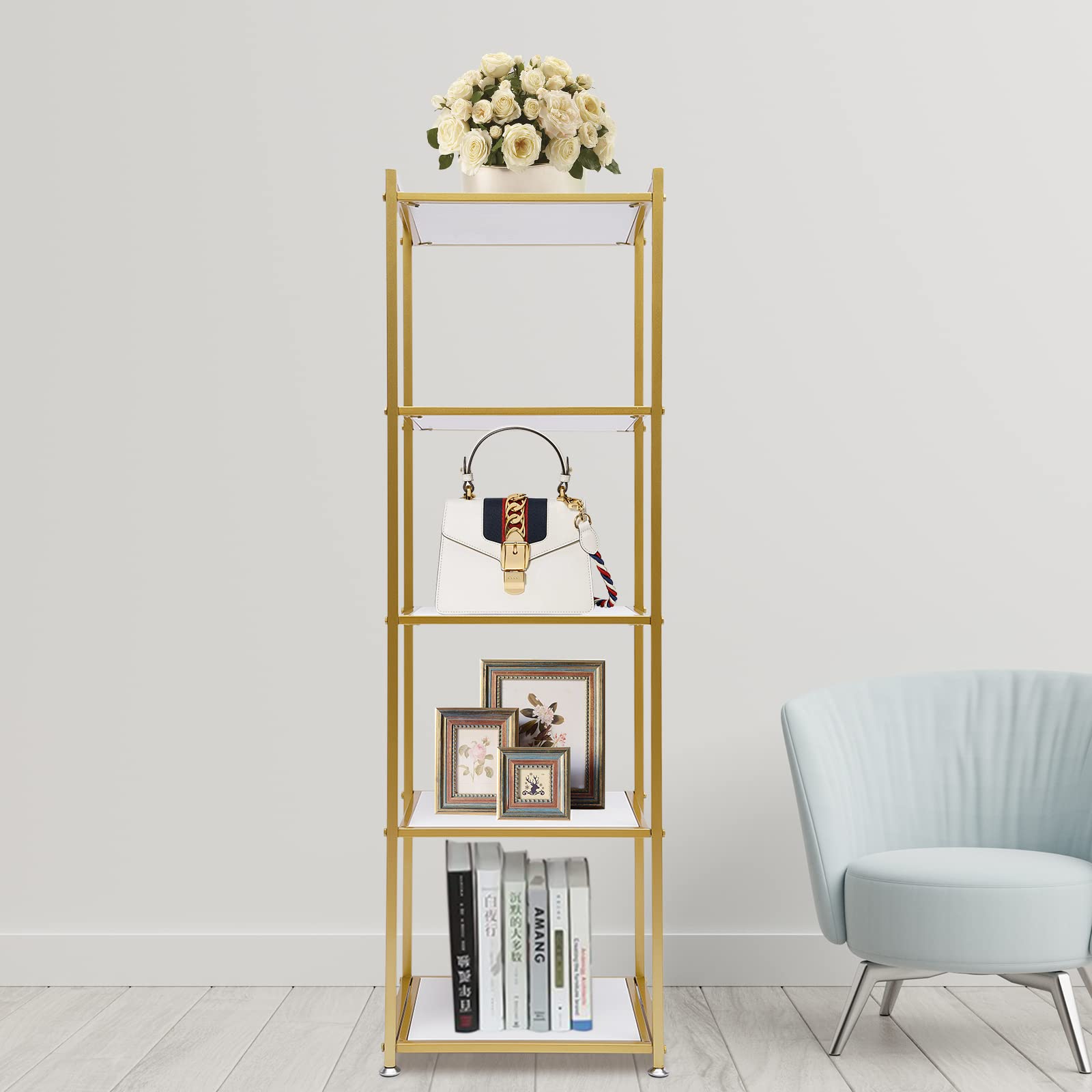 LOYALHEARTDY 5-Tier Freestanding Metal Storage Shelf - Gold Pantry Organizer & Multipurpose Display Rack for Kitchen, Bathroom, Living Room | Space-Saving Home Organization Solution for Small Spaces & Clutter Control