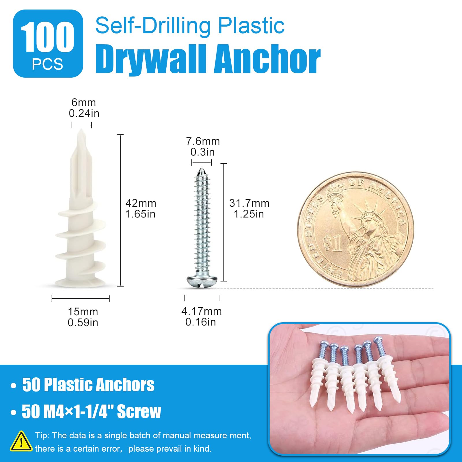 50 Pcs Self-Drilling Drywall Anchors with Screws - Heavy Duty Nylon Sheetrock Anchors for Hanging Pictures, Shelves & Mirrors (#8 x 1.3