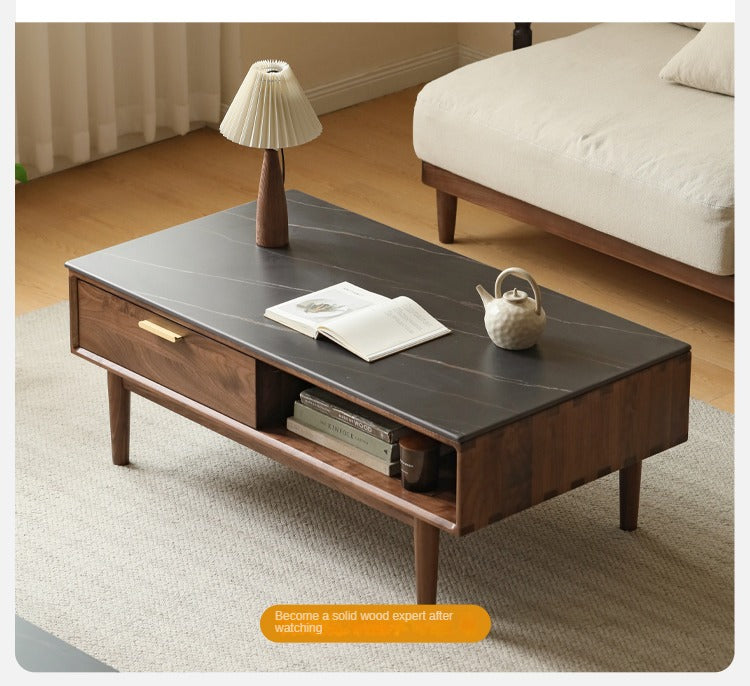 Solid Black Walnut Wood Storage Coffee Table with Rock Plate - Rustic Living Room Furniture for Home Decor & Organization