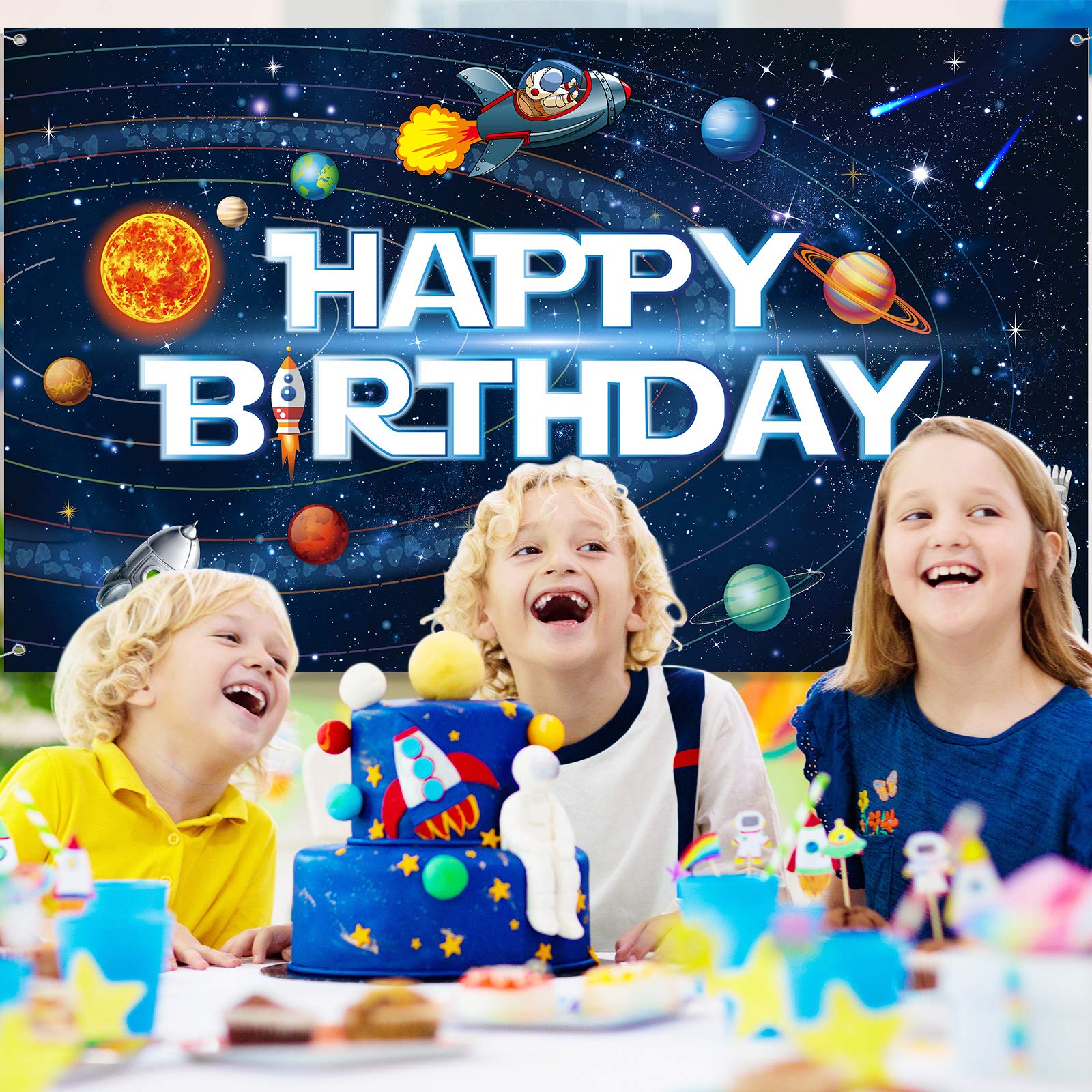 Sumind Astronaut Rocket Solar System Backdrop Banner - 72.8x43.3 Inch Space Themed Birthday Party Decor for Kids, Boys Room Wall Poster & Educational Classroom Display - Perfect for Space-Themed Parties, Nursery Decor & STEM Learning Activities
