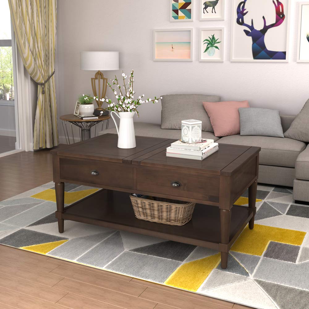 Teeker Lift Top Coffee Table with Drawer and Shelf - Solid Wood Living Room Furniture in White & Brown | Perfect for Small Spaces, Home Office, and Modern Living Rooms