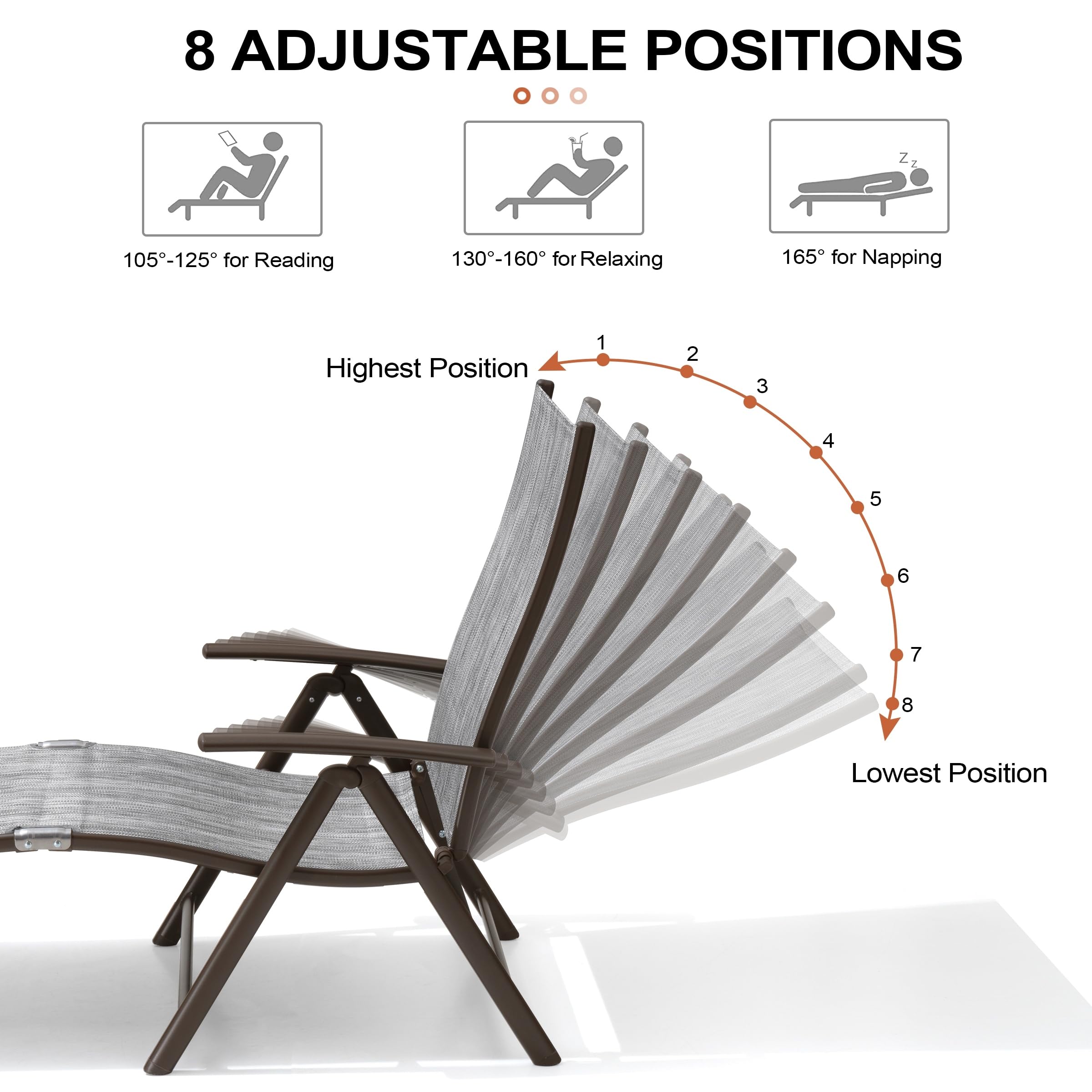 2PCS Chaise Lounge Chair Outdoor with Side Table - Aluminum Folding Patio Recliner, Adjustable 8 Positions, No Assembly Required | Perfect for Poolside, Backyard, Beach & Patio Relaxation