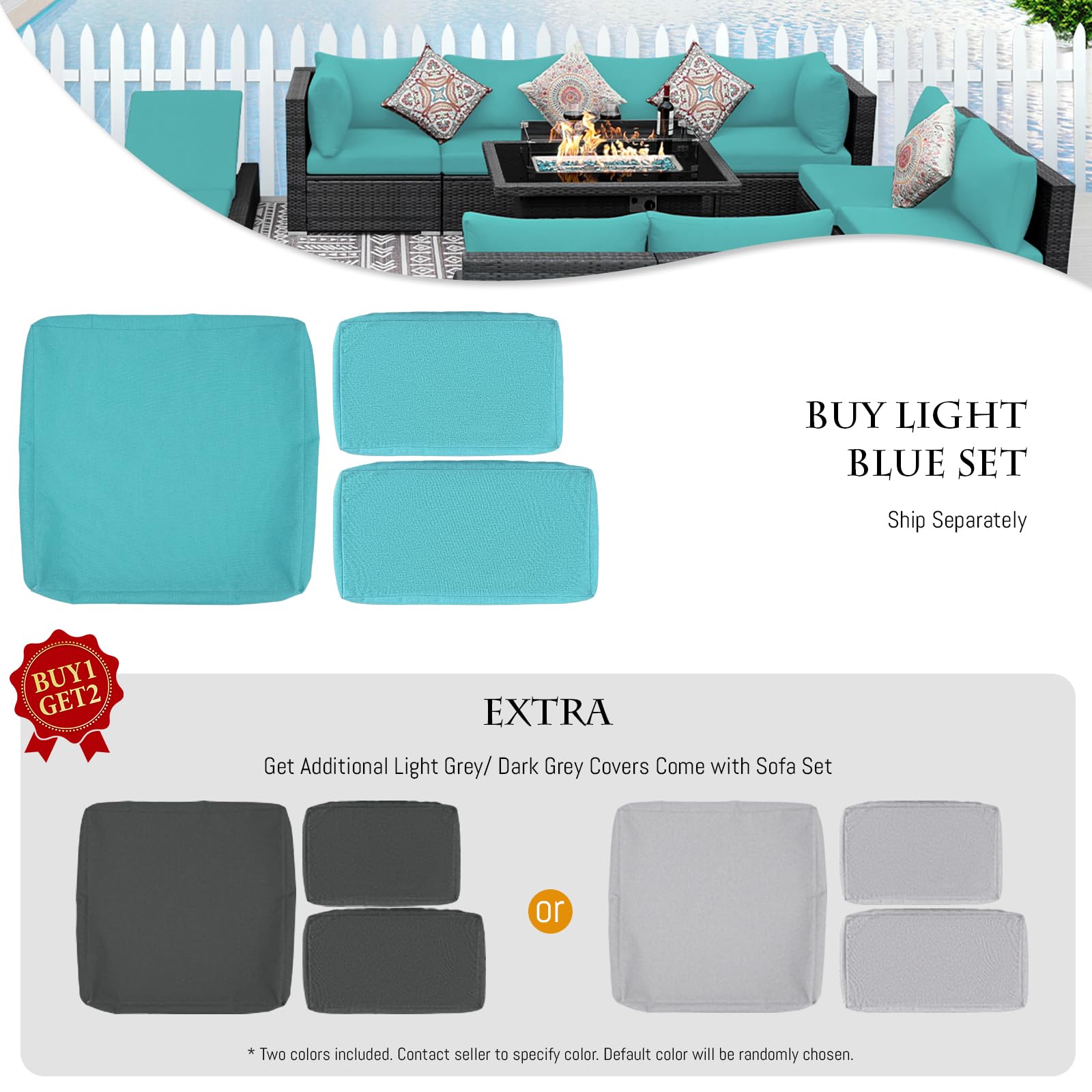 BULEXYARD 5-Piece Grey Rattan Patio Furniture Set with Gas Fire Pit Table - Deep Seat Outdoor Sectional Sofa & Wicker Conversation Couch (Grey/Aqua Blue) for Backyard, Garden, and Poolside Relaxation