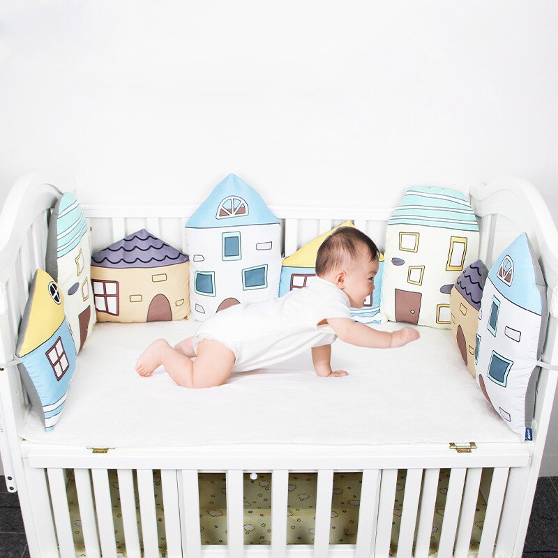 Soft Plush Baby Crib Bumper - Cute House Theme Nursery Decor for Boys | Safe & Breathable Bed Rail Protector for Toddler Safety | Perfect for Nursery, Daycare or Gift