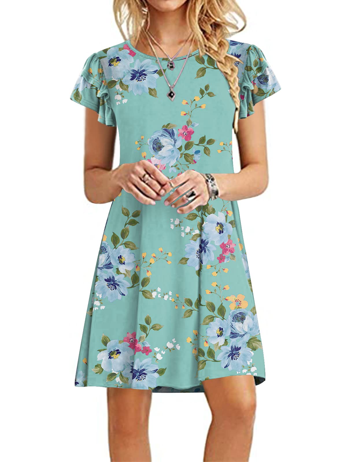 DB MOON Women's 2025 Mini Summer Dress - Casual Ruffle Short Sleeve Crew Neck Flowy Dress with Pockets | Perfect for Beach, Vacation & Date Night Outfits