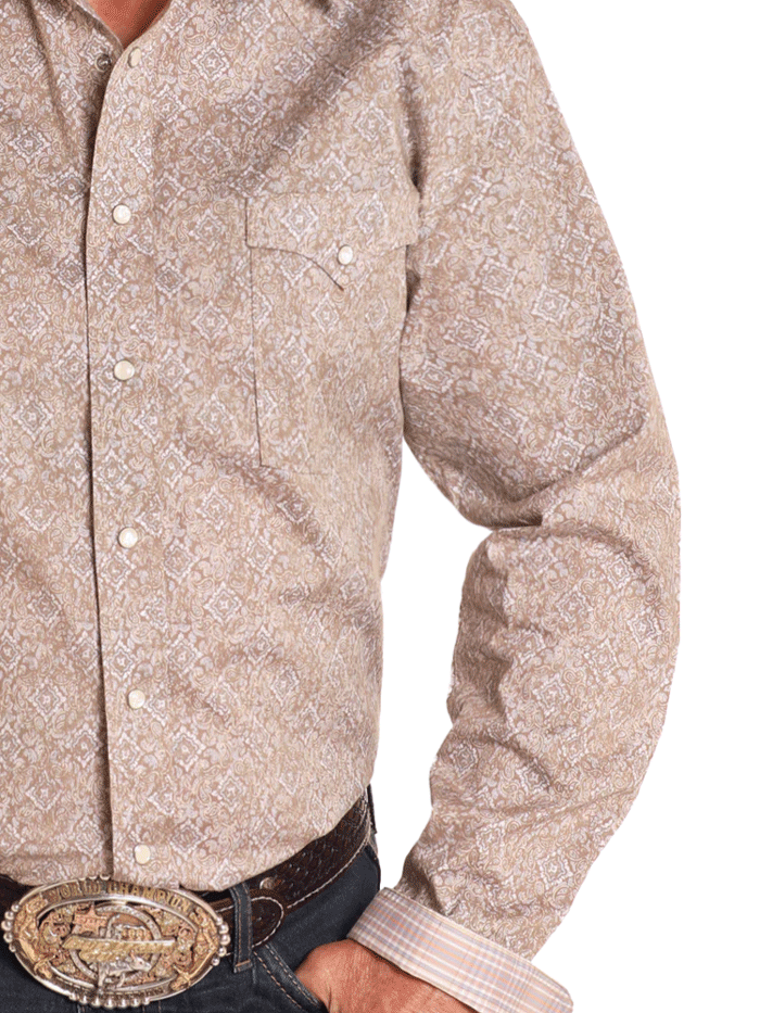 Men's Rough Stock Medallion Paisley Long Sleeve Western Shirt in Tan - Cowboy Style Button-Up for Rodeo, Ranch Work & Country Fashion