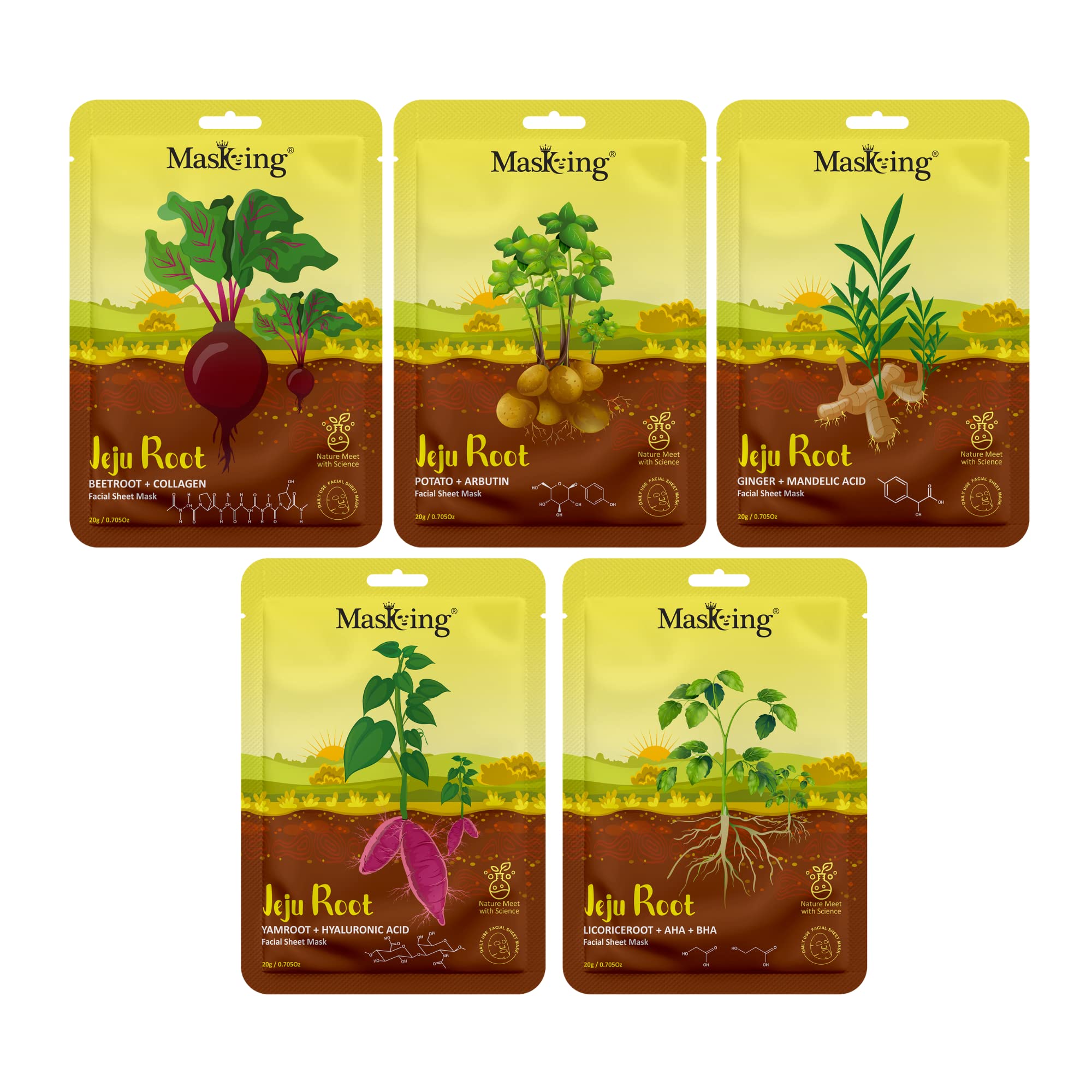 Jeju Root Face Sheet Mask for Skin Glowing & Firming - Hydrating & Anti-Aging Facial Mask for Women & Men - Pack of 5 - Perfect for Daily Skincare Routine & Spa Night
