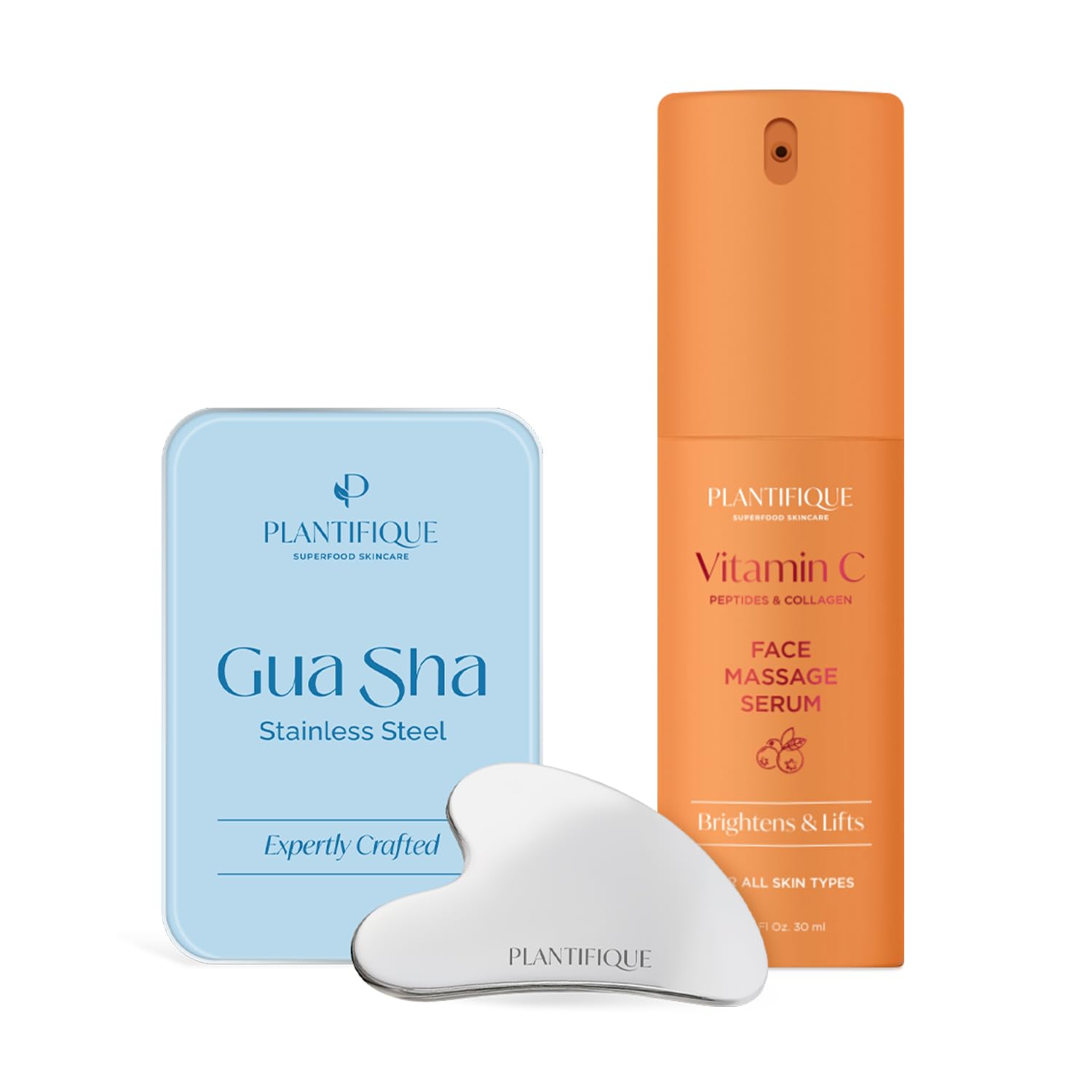 PLANTIFIQUE Stainless Steel Gua Sha Facial Tool for Skin Massage & Anti-Aging - Korean Vitamin C Face Serum with Collagen & Peptides - Ultimate Hydration for Glowing Skin - Perfect for Daily Skincare Routine, Spa Treatment & Self-Care Rituals