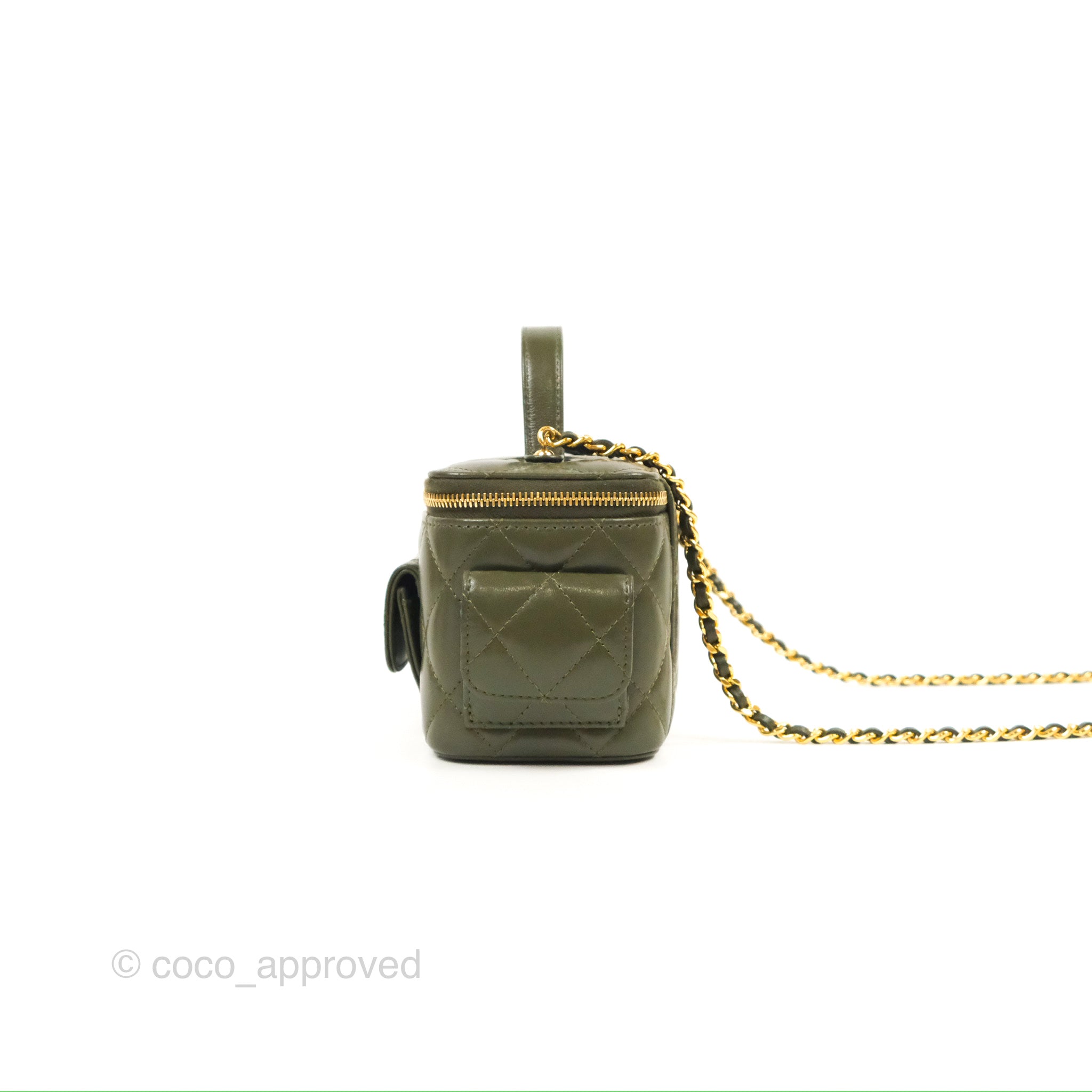 Chanel 22K Khaki Green Lambskin Cargo Pocket Top Handle Vanity Bag with Chain - Luxury Crossbody Purse for Women, Perfect for Date Night & Evening Events