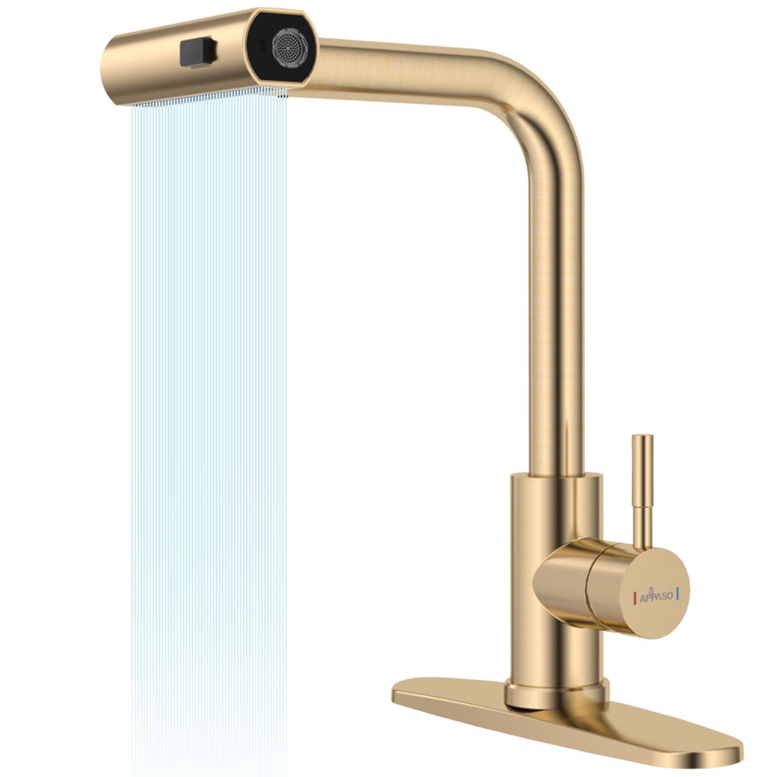 APPASO Brushed Gold Pull Down Kitchen Faucet with 3 Spray Modes & 360° Swivel - High Arc Single Handle Waterfall Sink Tap for Modern Home Kitchen Renovation (Perfect for Washing Dishes, Filling Pots & Cleaning Vegetables)