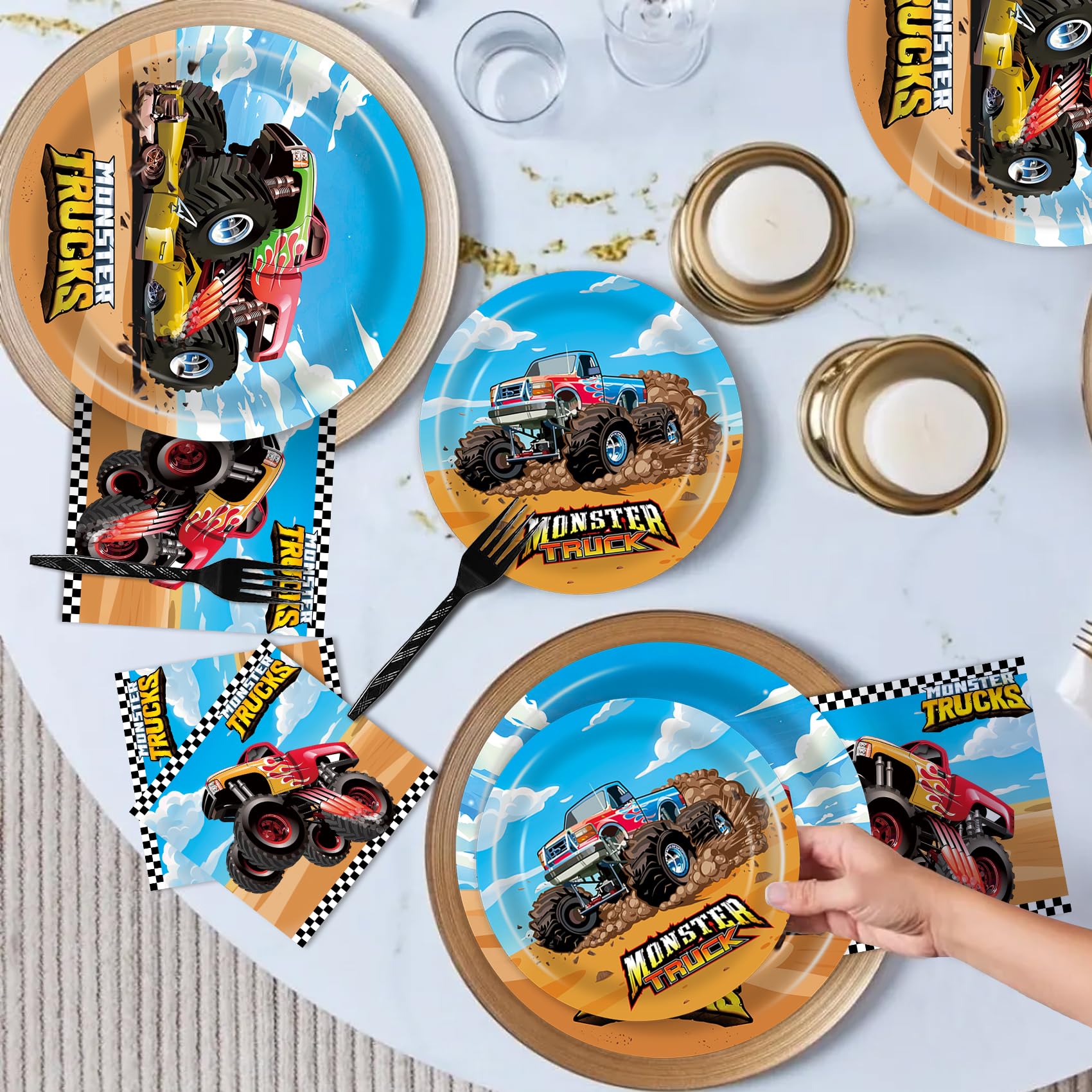96 Pcs Monster Truck Plates and Napkins Set - Durable Paper Plates & Napkins for Monster Truck Birthday Party Decorations, Kids Party Supplies, Favors - Perfect for Themed Birthday Parties, Baby Showers, and Truck Lover Events