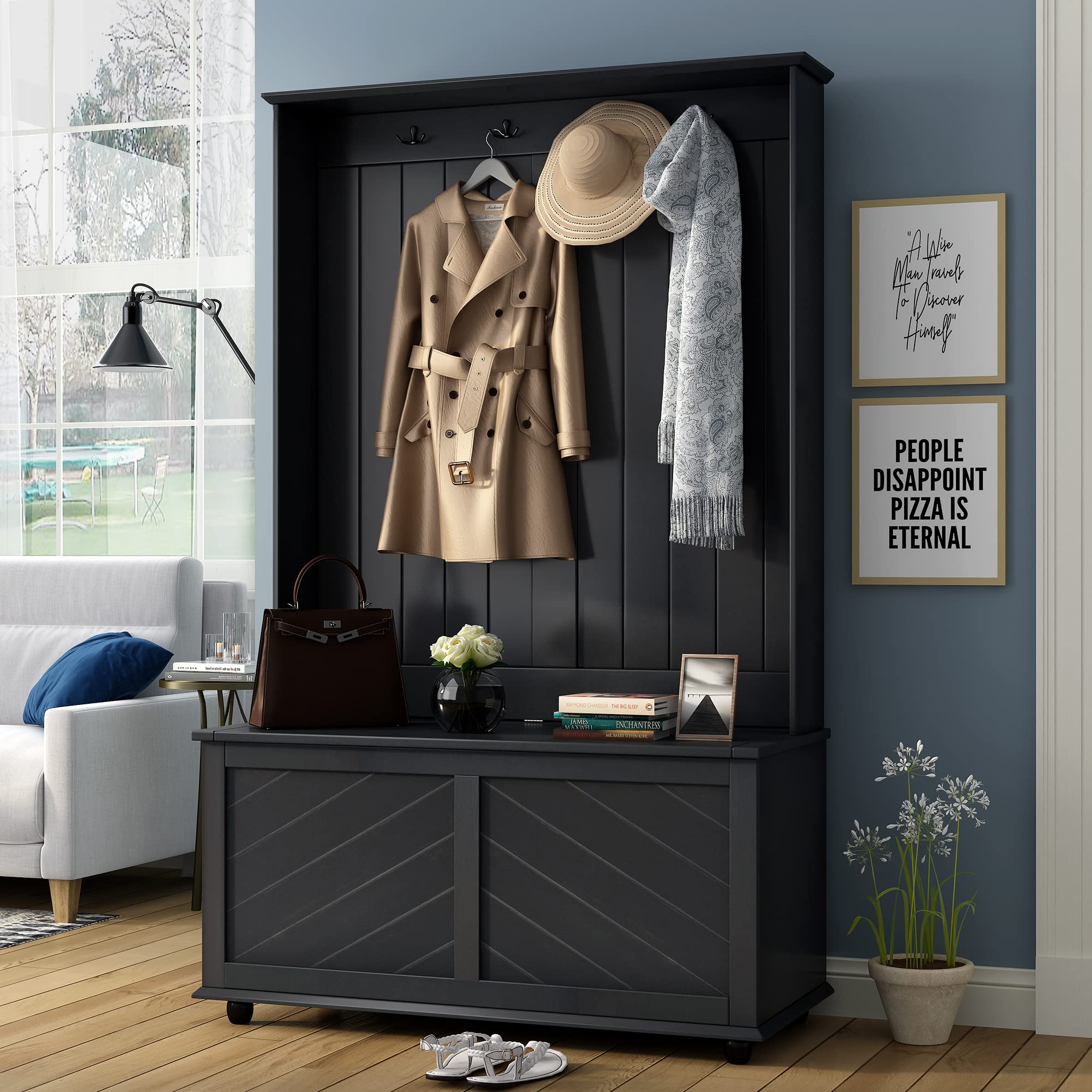 LUKYRA 40-Inch Hall Tree with 4 Hooks - Entryway Bench with Storage, 3-in-1 Coat Rack & Shoe Organizer for Hallway, Foyer & Mudroom - Perfect for Small Spaces & Home Organization (Black)