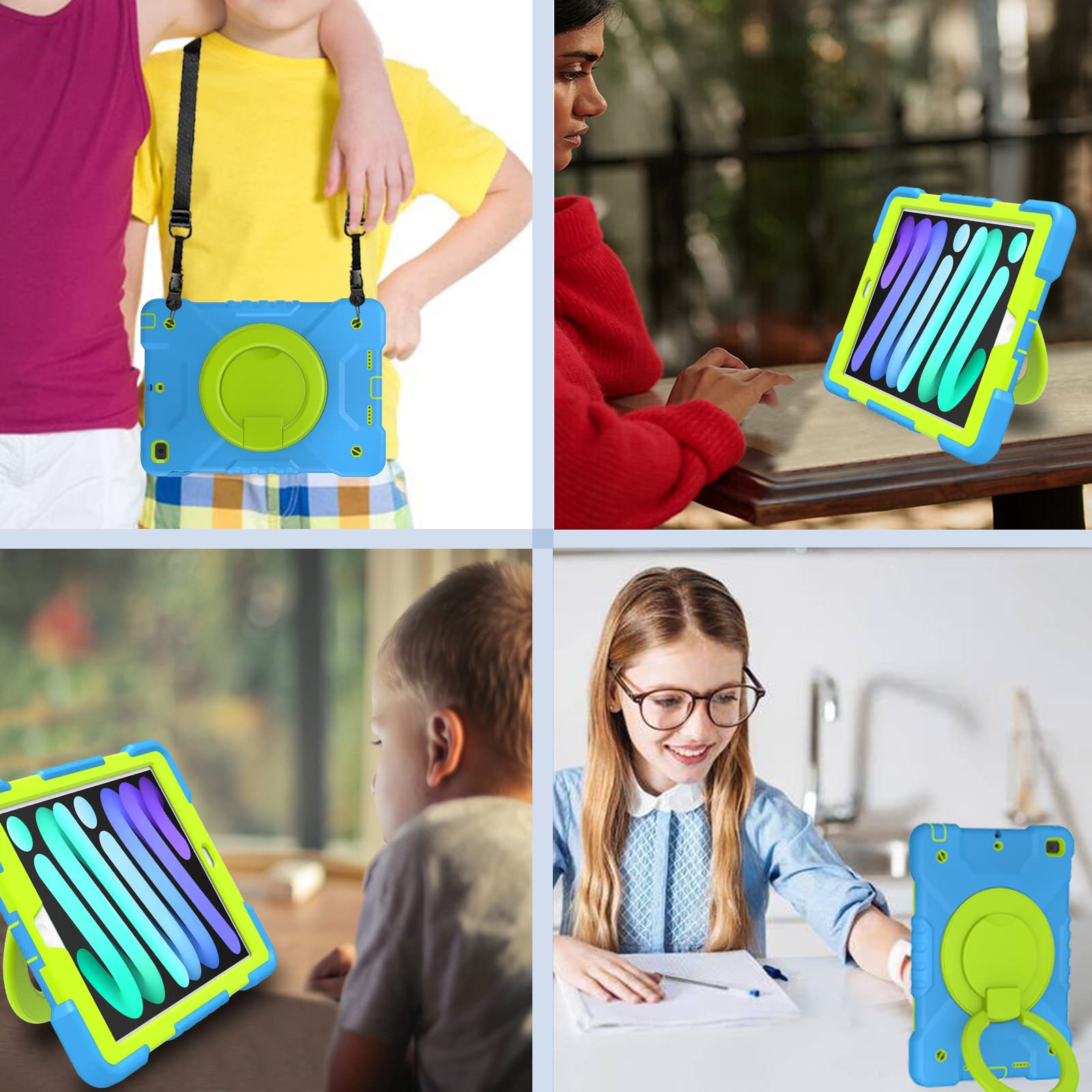 Premium Heavy Duty Protective Case for iPad 6th/5th Generation 9.7 inch (2018/2017) & iPad Air 2/Pro 9.7 inch - Shockproof Cover with Built-in Pencil Holder, Adjustable Shoulder Strap & 360° Rotating Handle Stand (Blue & Green) - Perfect for Travel, Work & School Use