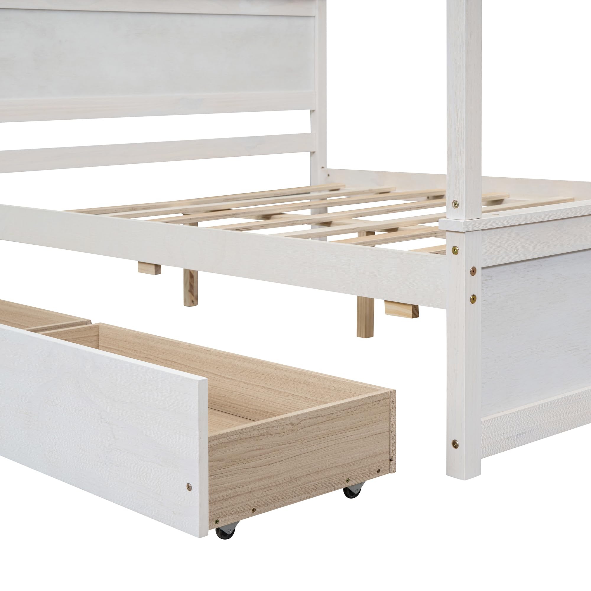**Full Size Canopy Bed with 2 Storage Drawers & Headboard - Wooden Four Post Platform Bed in Brushed White - Perfect for Master Bedroom, Guest Room & Cozy Farmhouse Decor**