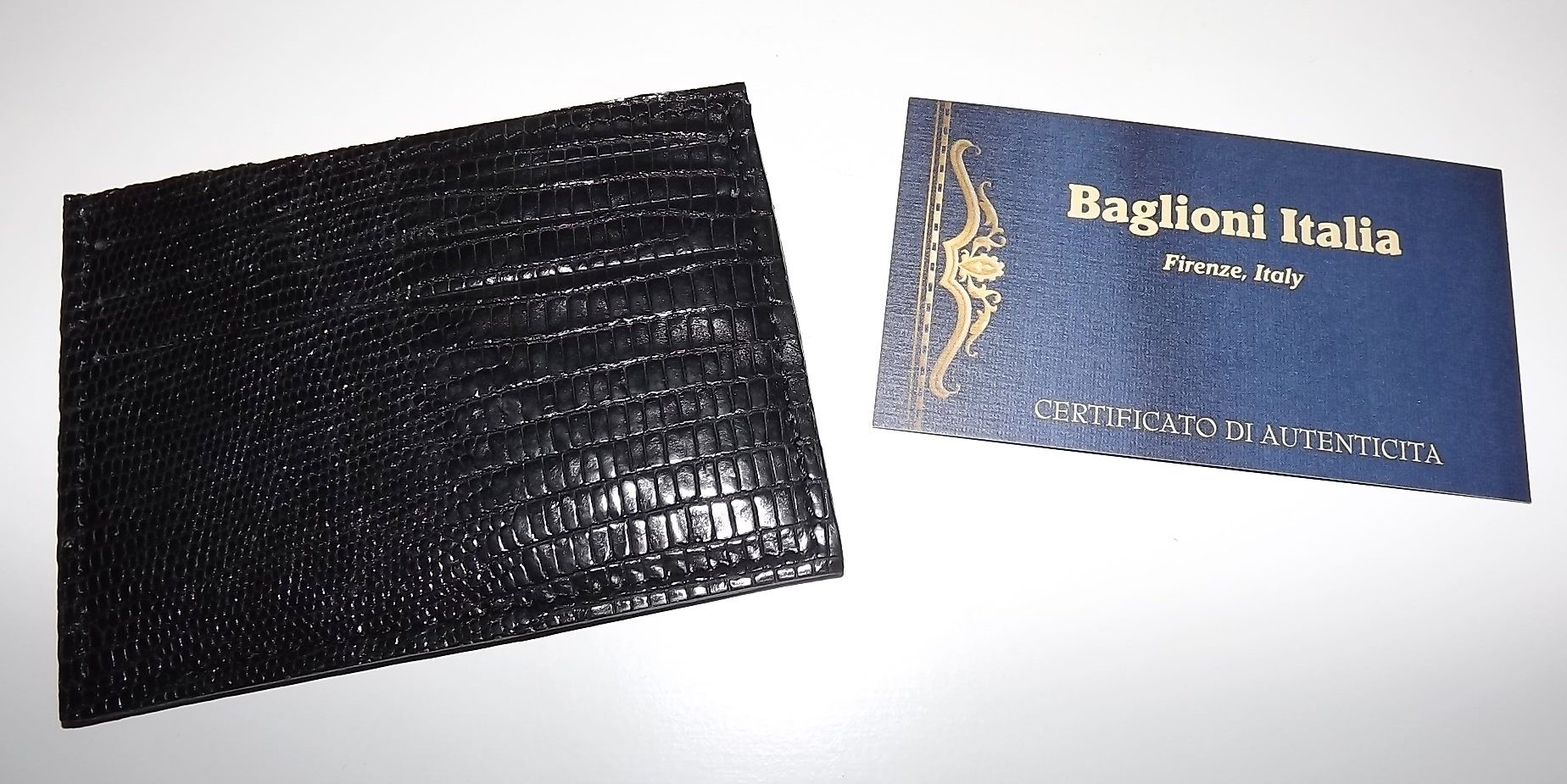 Baglioni Italia Genuine Lizard Leather Men's Slim Front Pocket Wallet - RFID Blocking Card Holder for Business & Travel (Black)