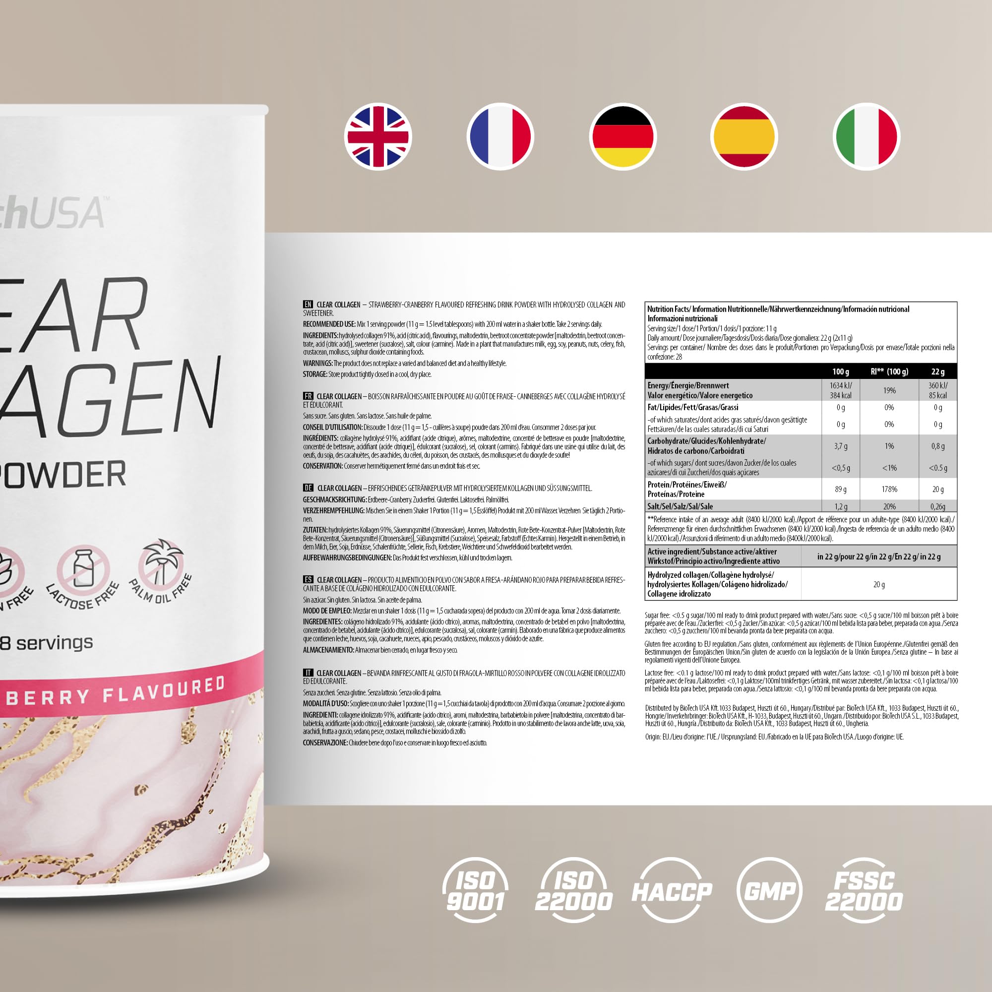 BioTechUSA Clear Collagen Powder - Hydrolyzed Collagen Drink Mix with Natural Sweeteners, 308g, Strawberry-Cranberry Flavor | Supports Skin, Hair & Joint Health | Perfect for Post-Workout Recovery & Daily Wellness Routine