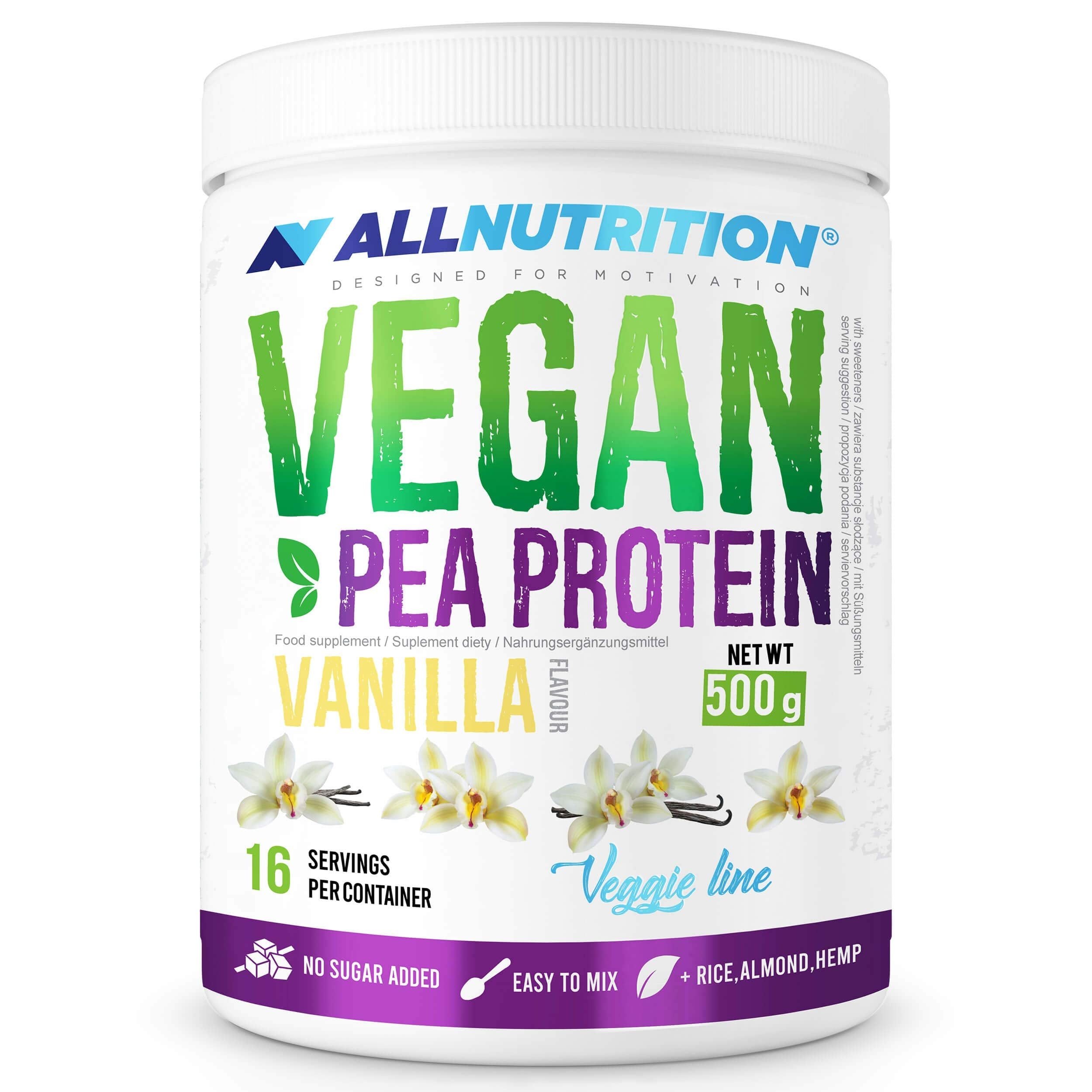 Allnutrition Vegan Pea Protein Powder - Vanilla Flavor 500g | Plant-Based Protein Supplement for Muscle Recovery, Smoothies & Baking | Dairy-Free & Gluten-Free