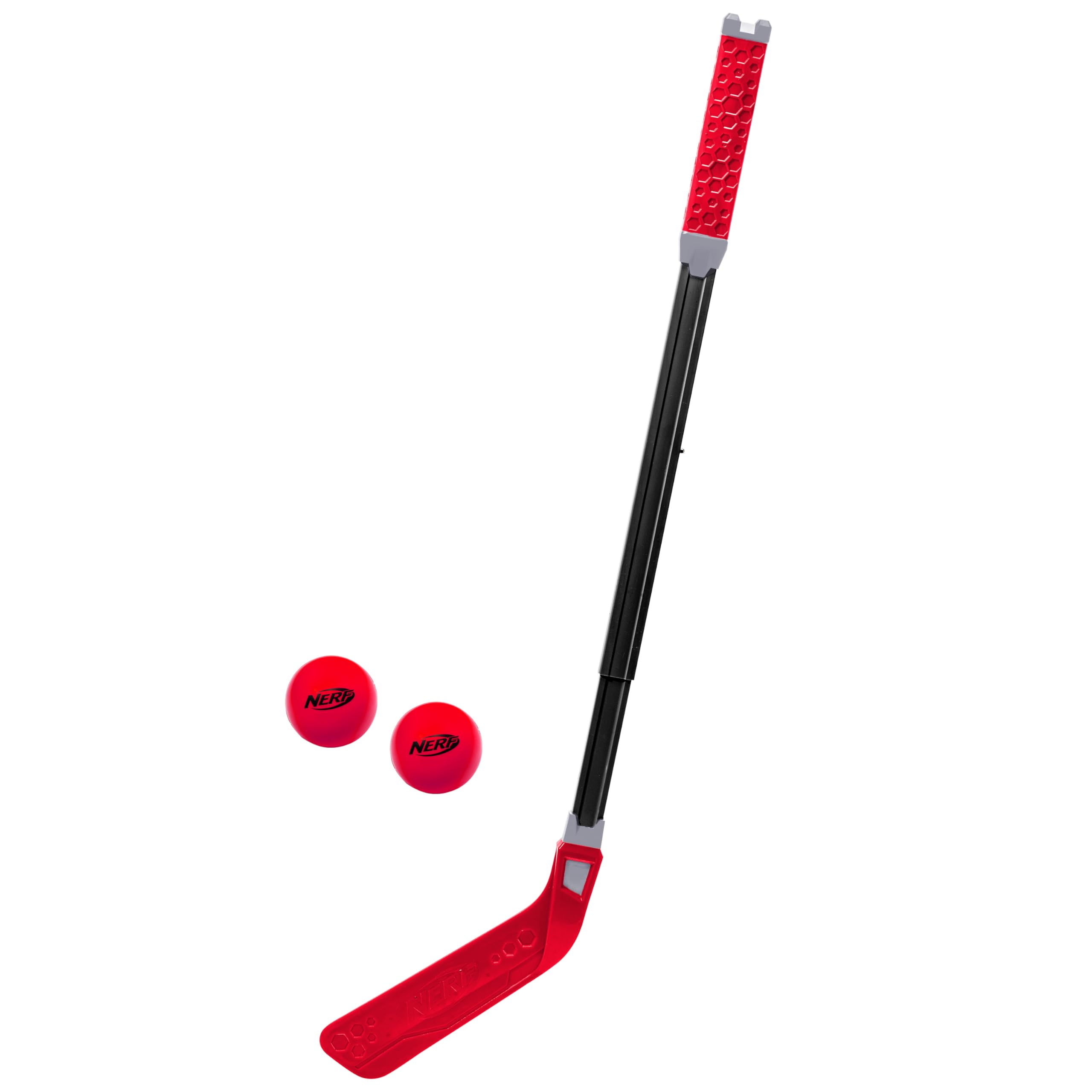 NERF Flexplay Kids Hockey Stick and Ball Set - Adjustable Height Street Hockey Stick for Indoor & Outdoor Play - Includes 2 NERF Balls - Perfect for Backyard Games, Driveway Hockey, and Gym Class Activities