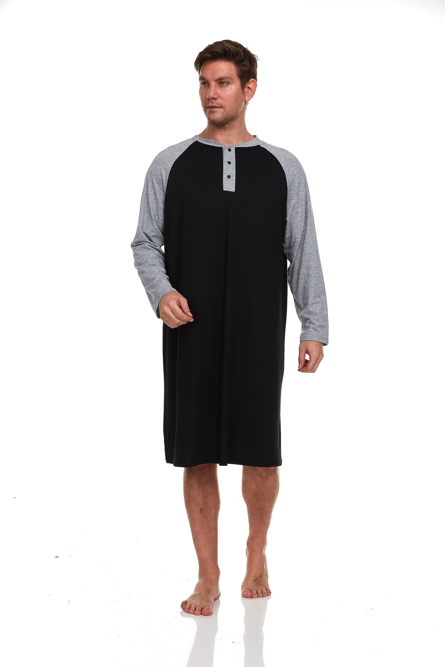 Men's Long Sleeve Nightshirt - Comfortable Sleepwear for Lounge & Bedtime, Black