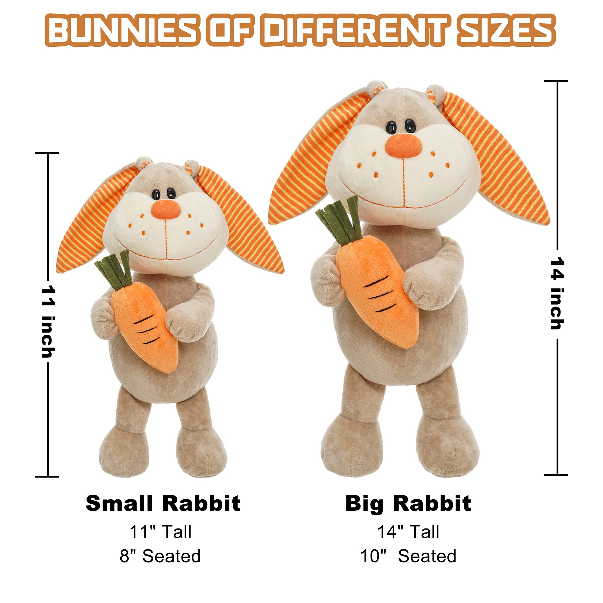 Soft Bunny Stuffed Animal Plush Toy - 2 Pack Easter Bunny with Carrot, Huggable & Washable, Cute Stuffed Animals for Girls, Boys, Kids - Perfect for Birthday Gifts, Easter Decorations & Nursery Room Decor (14 inch + 11 inch)