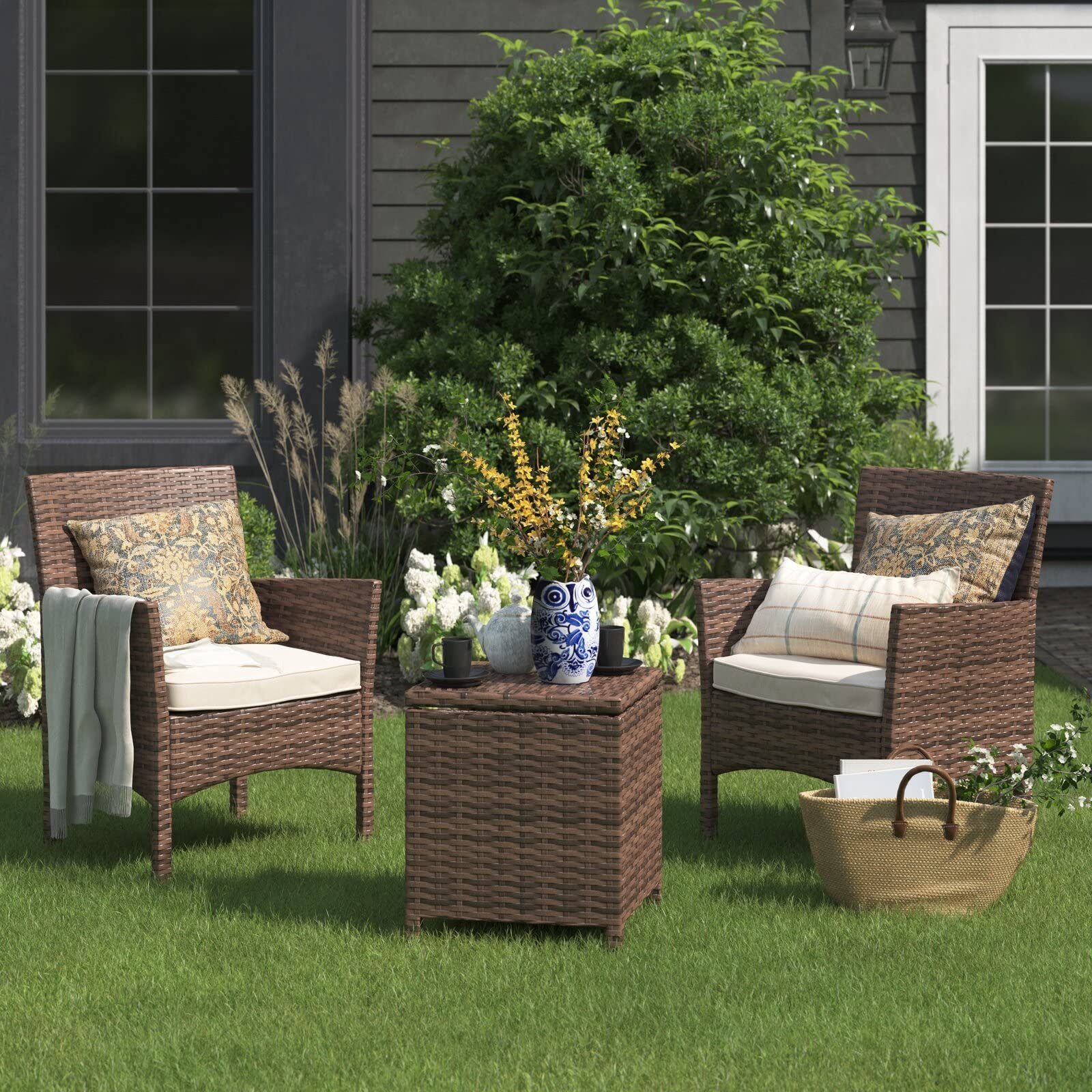 Barton 3-Piece Wicker Patio Furniture Set with Glass Table - Modern Rattan Outdoor Conversation Seating in Aqua - Perfect for Garden, Poolside, and Backyard Relaxation