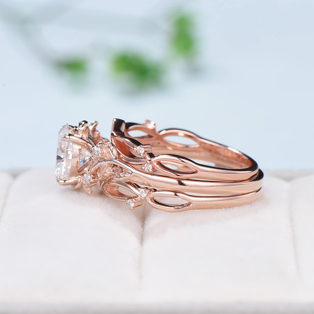 3pcs Vintage Nature-Inspired Oval Moissanite Engagement Ring Set - Cluster Branch Leaf Design, Unique Bridal Wedding Ring Set for Women | Perfect for Proposals, Anniversaries & Special Occasions