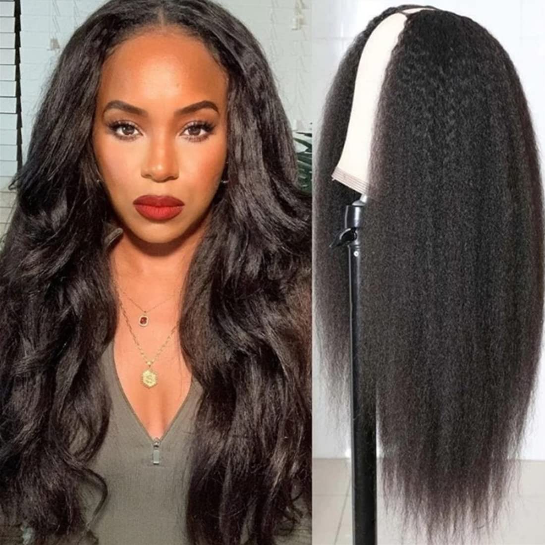Beauty Forever 10A Grade Human Hair V Part Wig - Kinky Straight Glueless U Part Wigs for Women | 150% Density, No Leave Out, Beginner Friendly with Clips | Natural Color 18 Inch | Perfect for Daily Wear, Special Occasions & Protective Styling