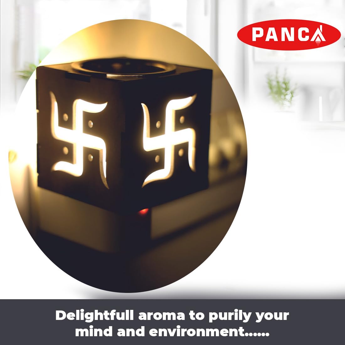 Electric Camphor Burner & Diffuser - PANCA Wooden Aromatherapy Incense Holder with Swastik Design | Multipurpose Dhoop Dani for Home, Temple & Meditation | Essential Oil Diffuser & Kapoor Burner for Relaxation & Spiritual Use