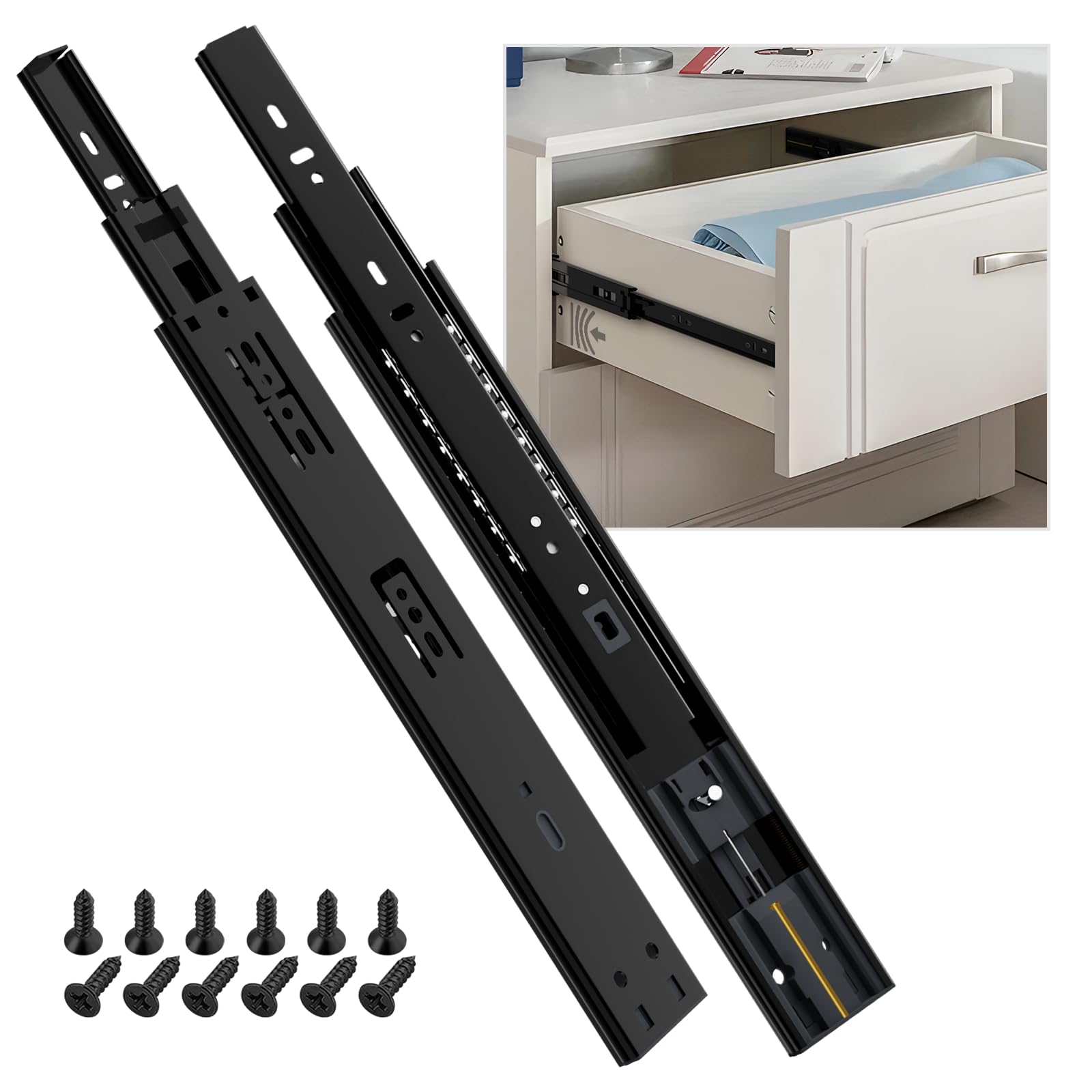 Soft Close Drawer Slides 12-24 Inch Heavy Duty Ball Bearing Rails - Full Extension 100LB Capacity for Kitchen Cabinets, Dressers & File Cabinets - Side Mount Glide Guide Track (Black) - Perfect for Smooth Silent Drawer Operation in Home & Office Furniture