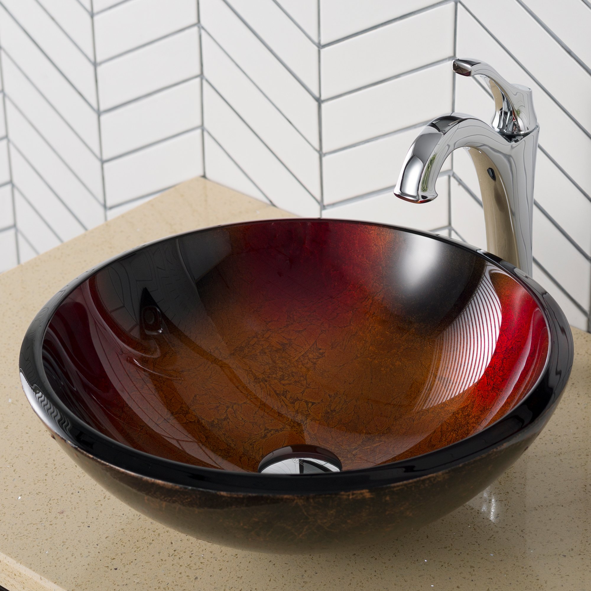 KRAUS 17-Inch Round Glass Vessel Bathroom Sink in Red, Black & Gold - Modern Vanity Basin for Bathroom Remodel & Luxury Home Decor (Model GV-680)