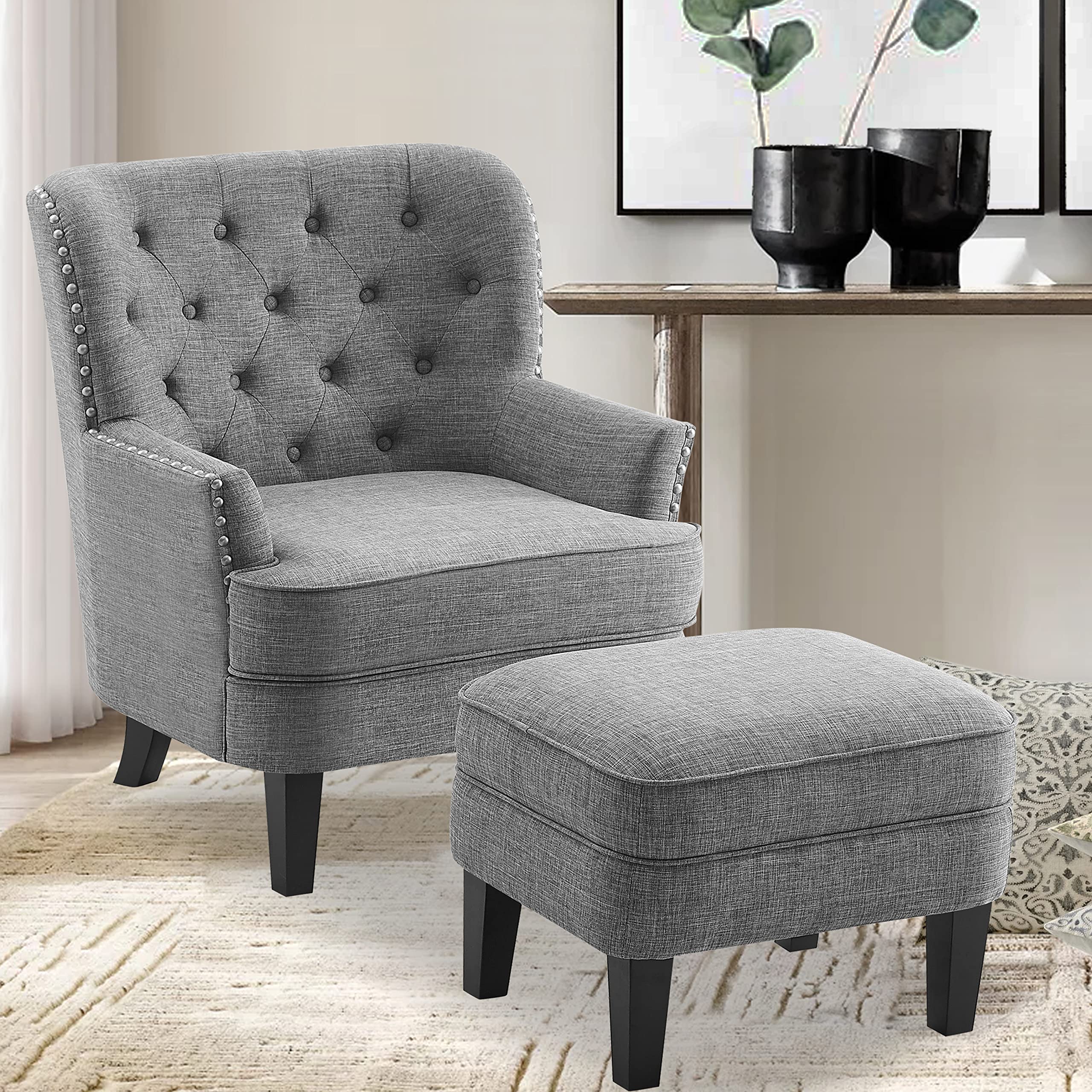 Rosevera Mid-Century Modern Accent Chair with Ottoman Set - Upholstered Armchair for Living Room or Bedroom - Comfortable Reading Chair with Footrest, Small Lounge Chair in Grey - Perfect for Relaxing, Reading & Home Decor