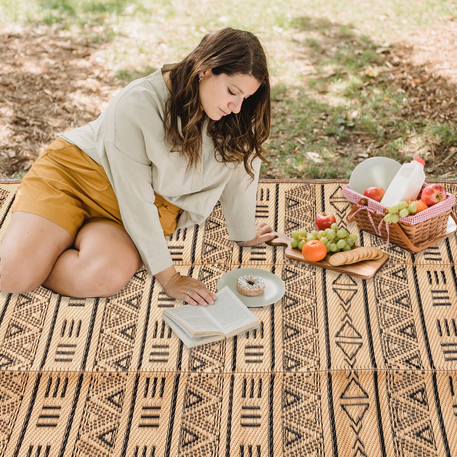 Reversible 5x8ft Waterproof Outdoor Rug - Geometric Bohemian Design for Patio, RV, Camping, Beach & Backyard | Portable Plastic Straw Mat for Picnic, Clearance & Decor