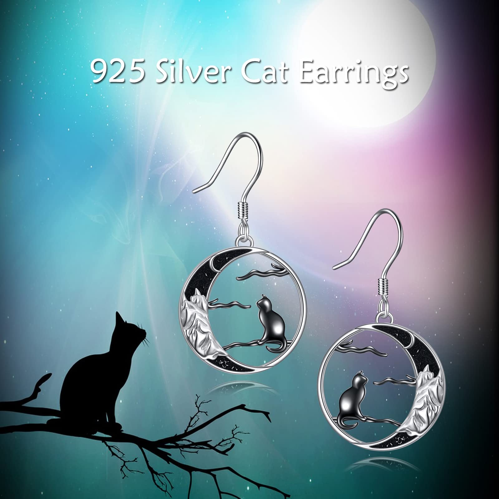 Sterling Silver Black Cat Dangle Earrings for Women | Hypoallergenic Fashion Jewelry | Perfect for Halloween, Cosplay & Gothic Style Outfits