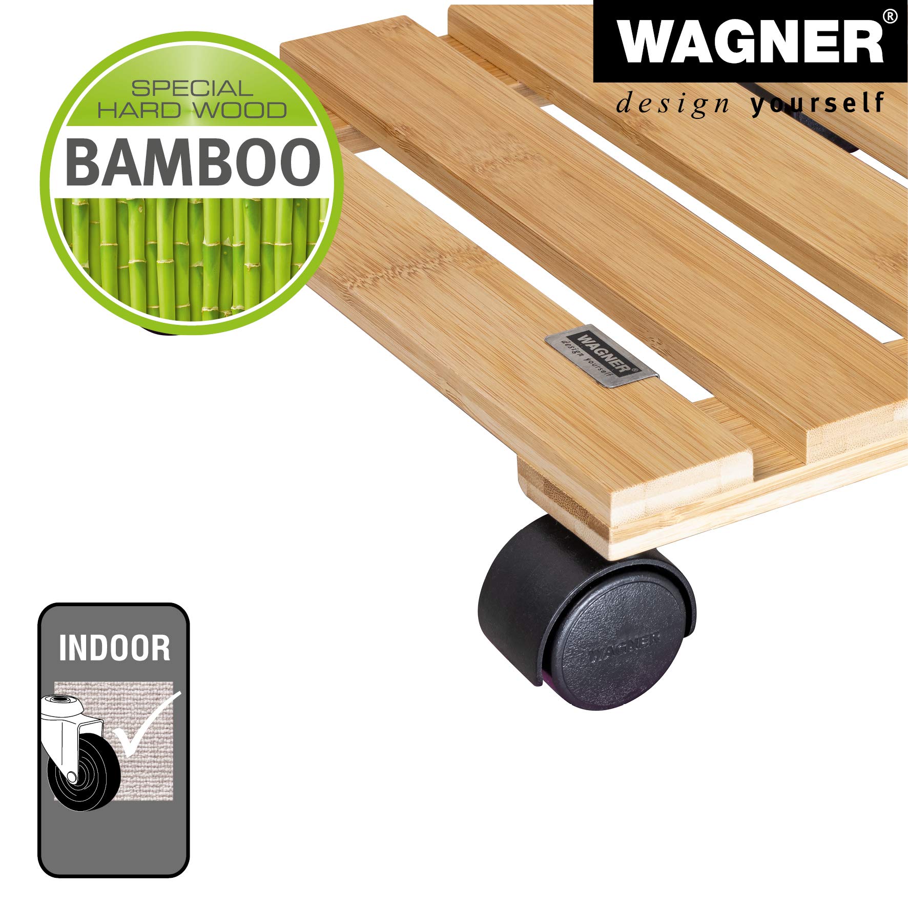 WAGNER Bamboo Plant Caddy with Wheels - 11.42 x 11.42 x 2.76 Inch Indoor Flower Stand - 220 lbs Capacity Wooden Plant Mover for Potted Plants, Home Decor, and Garden Use