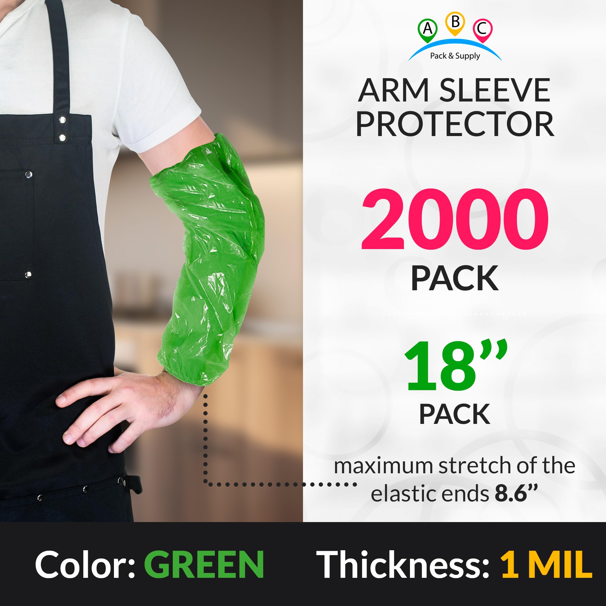 ABC PACK & SUPPLY 18-Inch Green Disposable Arm Sleeve Covers - Pack of 2000 | 1 mil Waterproof Polyethylene Sleeve Protectors with Elastic Ends | Food Service, Medical, Tattoo & Salon Protection