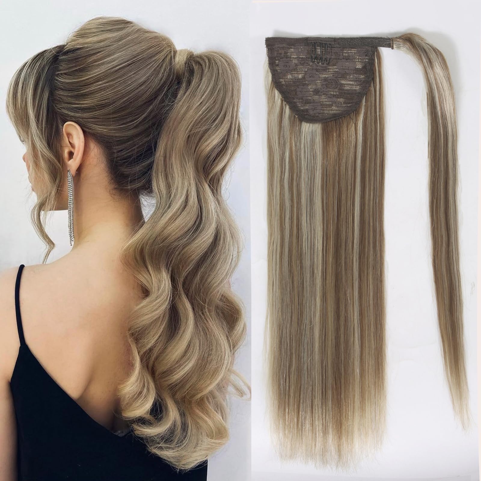 Tinashe 20inch Remy Human Hair Ponytail Extension - Light Brown & Bleach Blonde Wrap Around Pony Tail Hairpiece for Women (#P10/613) | Perfect for Parties, Weddings & Everyday Styling